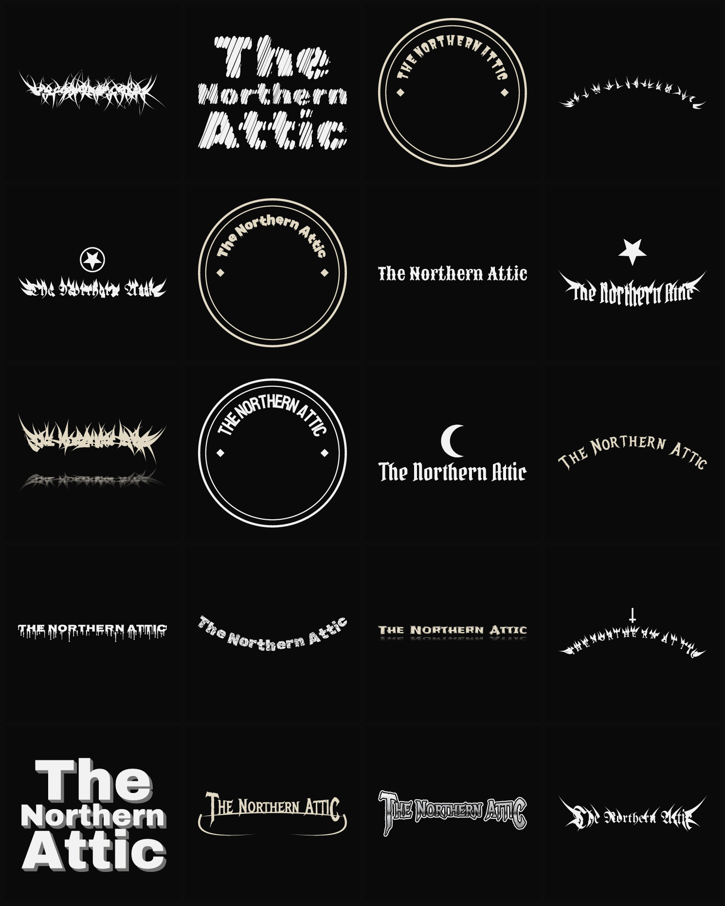 Twenty The Northern Attic band logo ideas — different faces, treatments and spike settings