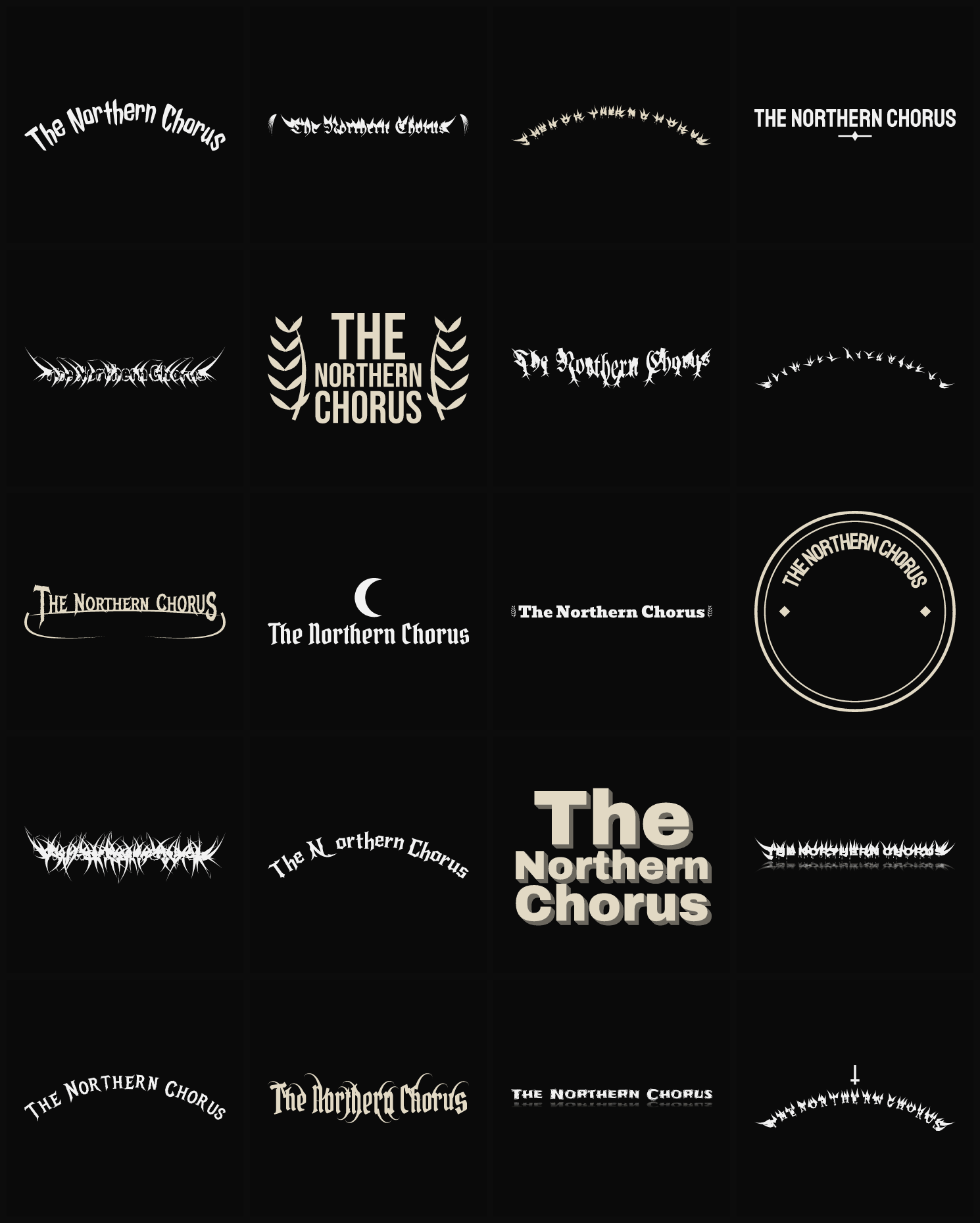 Twenty The Northern Chorus band logo ideas — different faces, treatments and spike settings