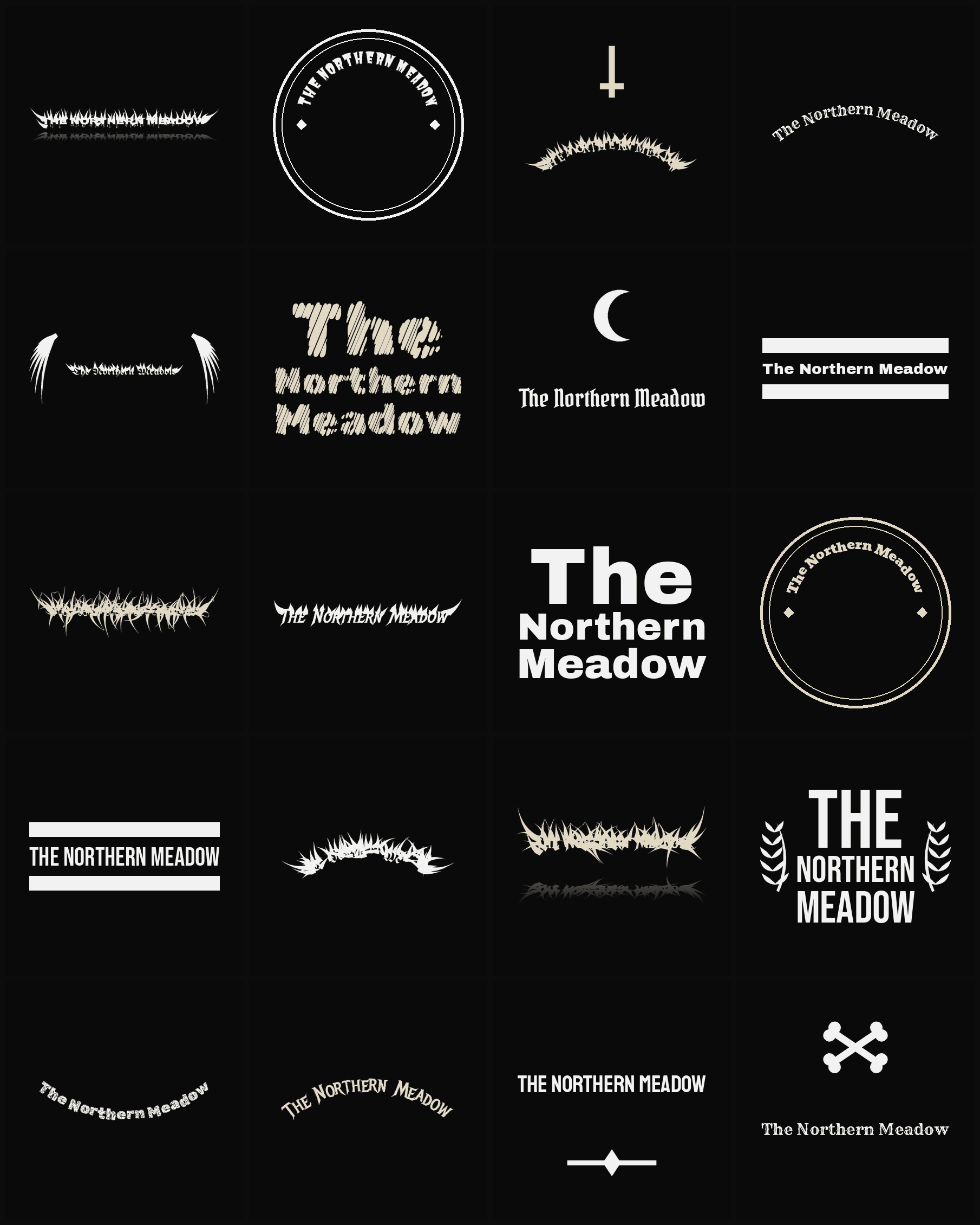 Twenty The Northern Meadow band logo ideas — different faces, treatments and spike settings