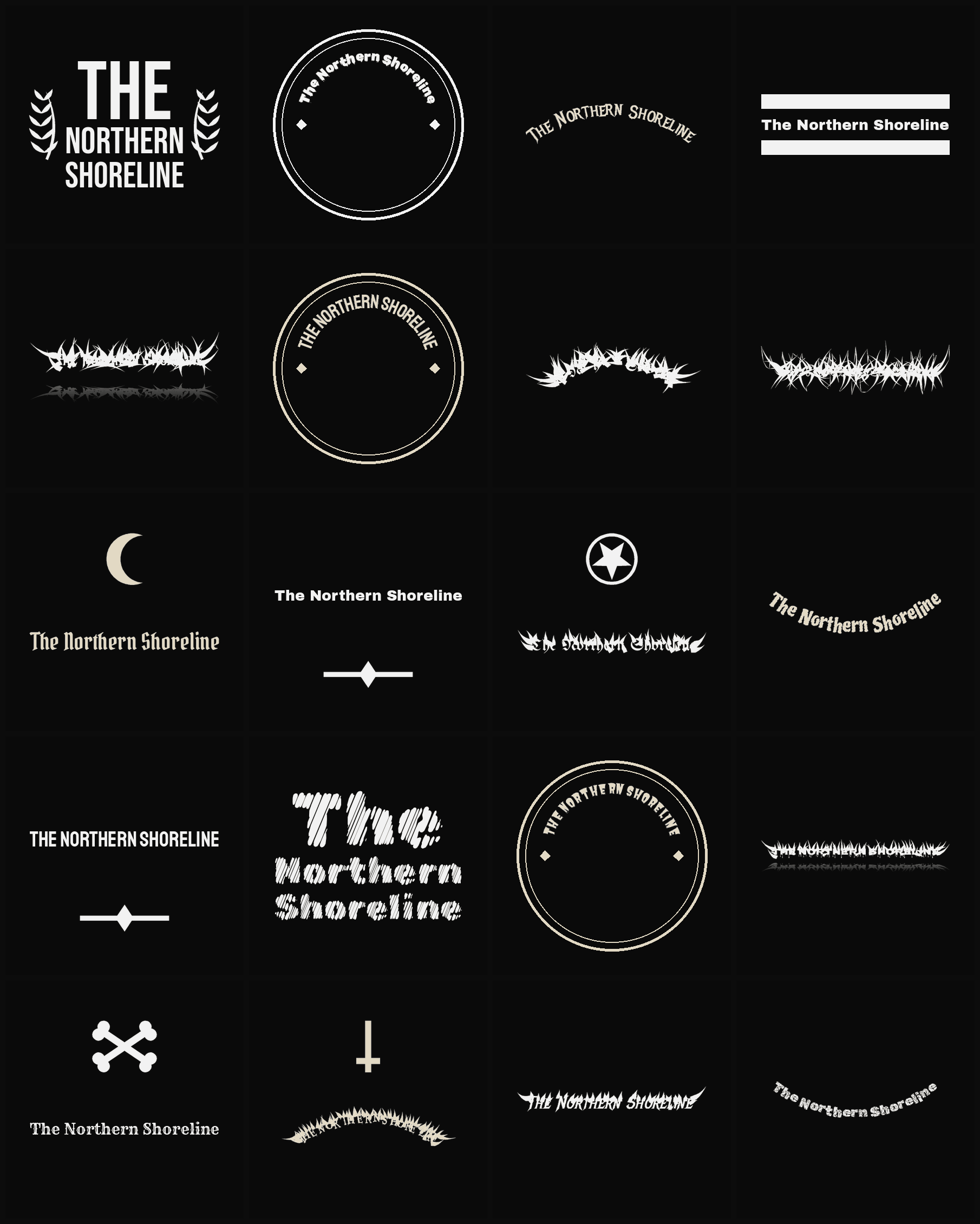Twenty The Northern Shoreline band logo ideas — different faces, treatments and spike settings