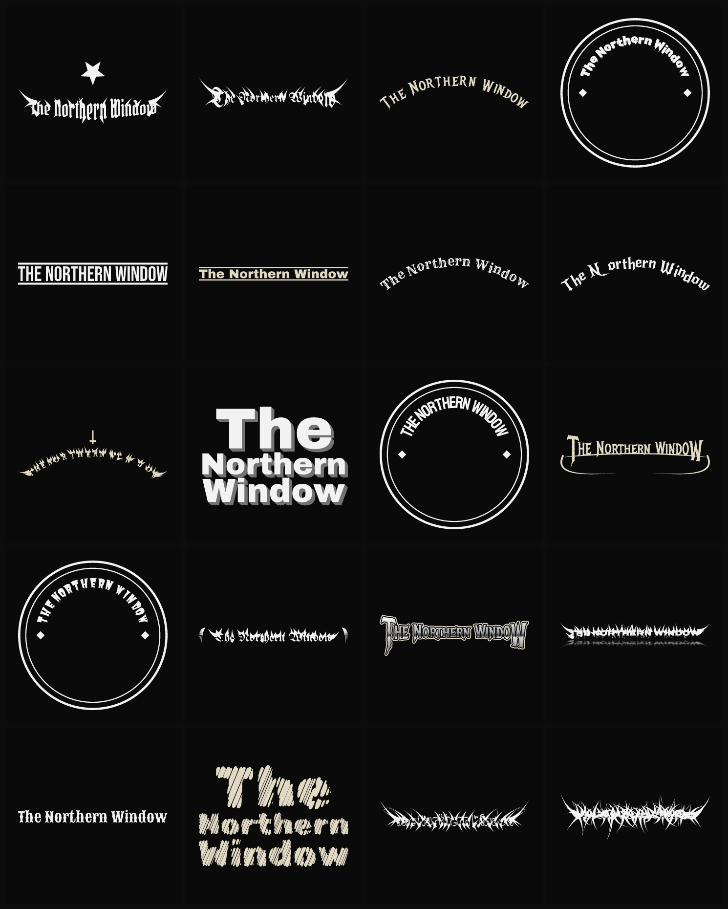 Twenty The Northern Window band logo ideas — different faces, treatments and spike settings