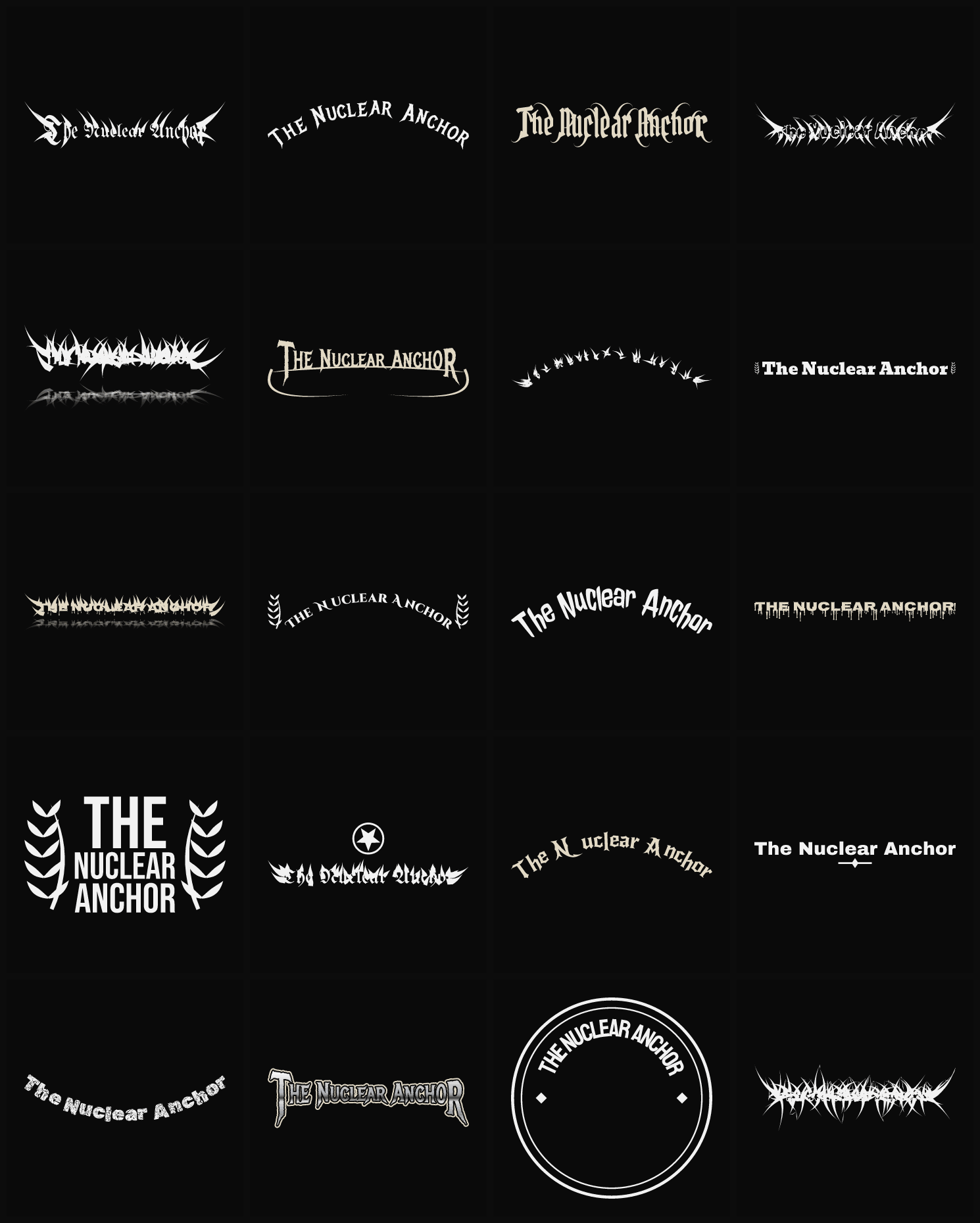 Twenty The Nuclear Anchor band logo ideas — different faces, treatments and spike settings