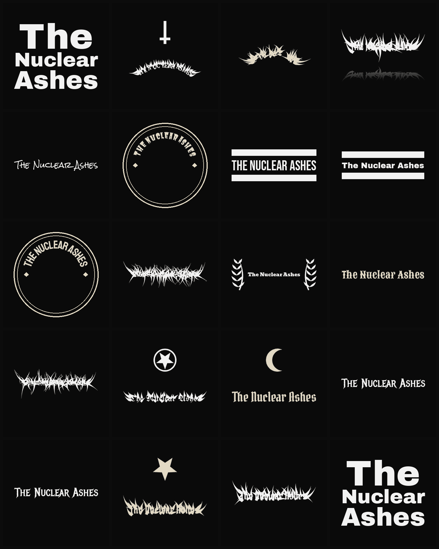 Twenty The Nuclear Ashes band logo ideas — different faces, treatments and spike settings