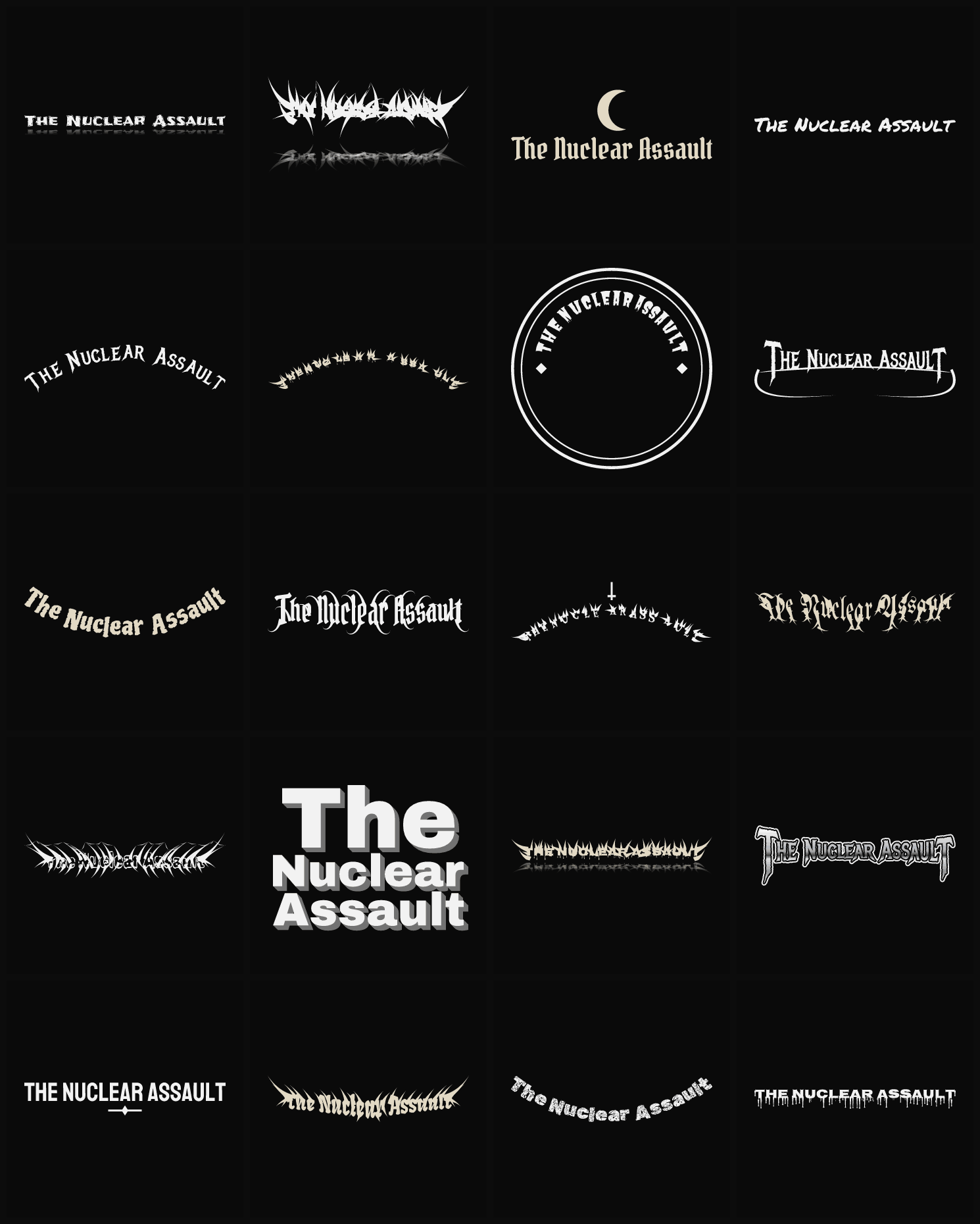 Twenty The Nuclear Assault band logo ideas — different faces, treatments and spike settings