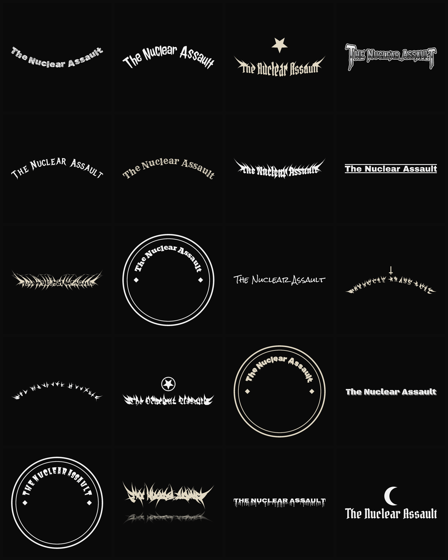 Twenty The Nuclear Assault band logo ideas — different faces, treatments and spike settings