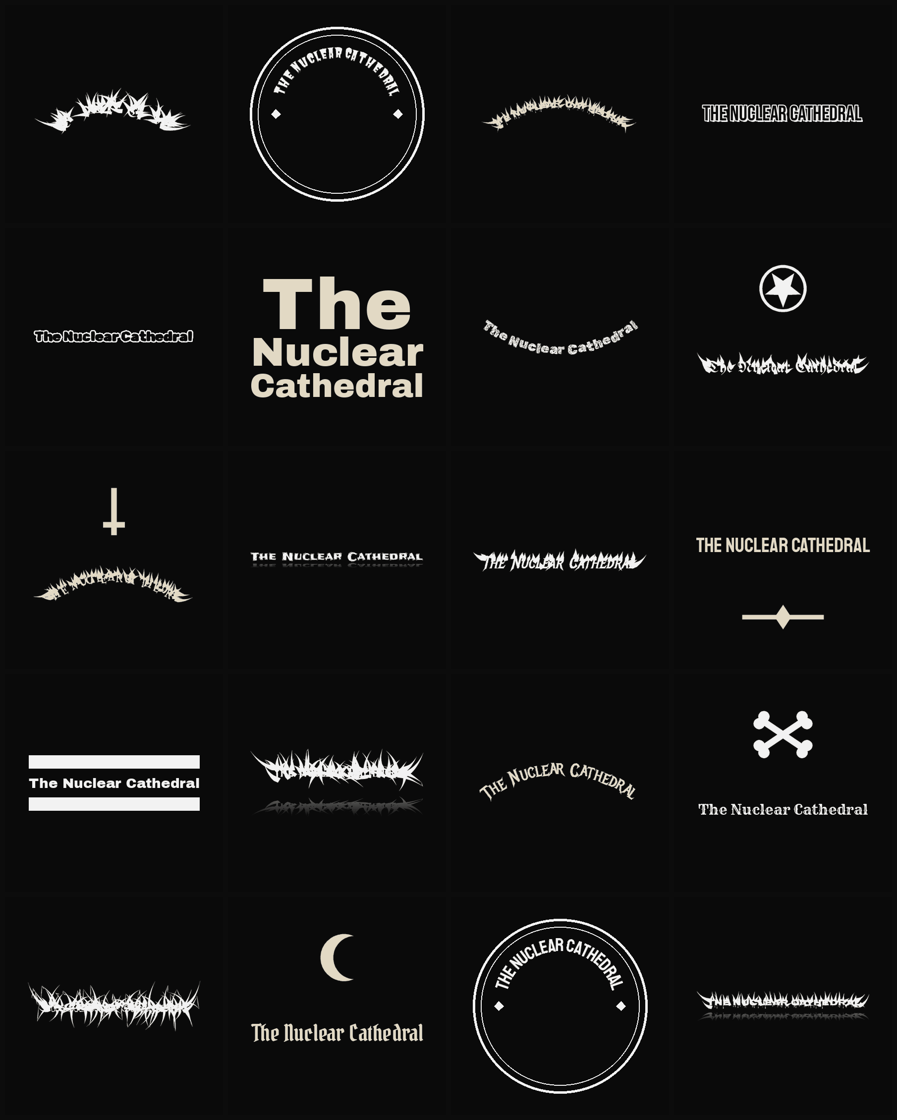 Twenty The Nuclear Cathedral band logo ideas — different faces, treatments and spike settings