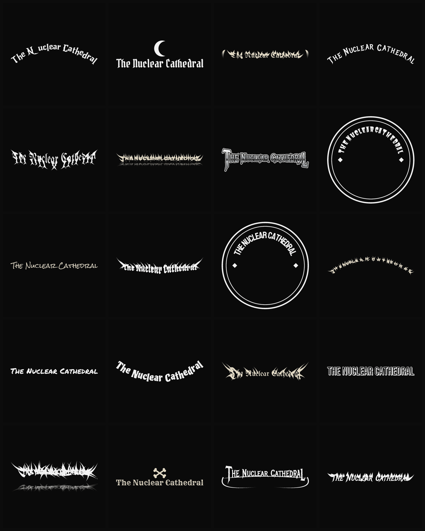 Twenty The Nuclear Cathedral band logo ideas — different faces, treatments and spike settings