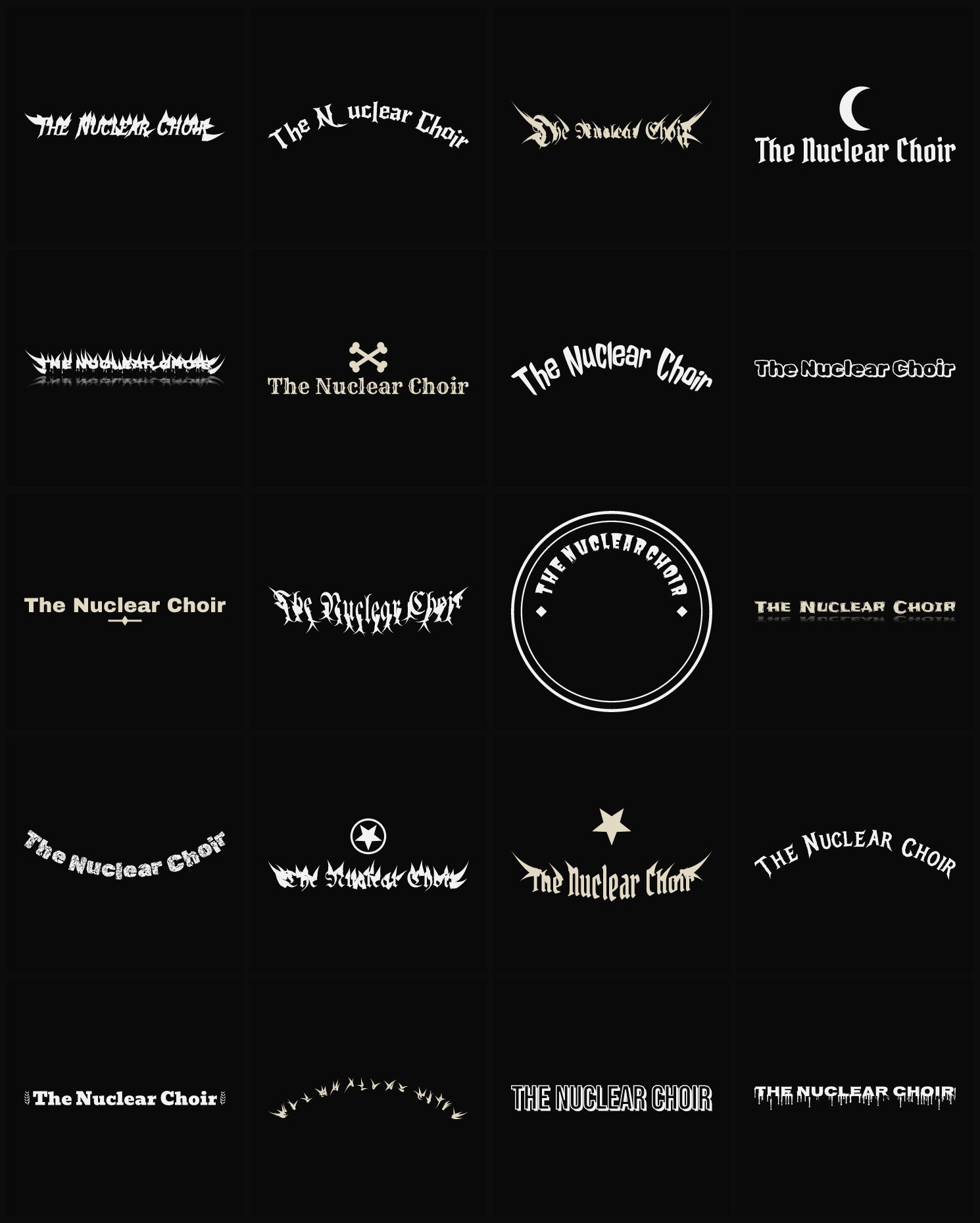 Twenty The Nuclear Choir band logo ideas — different faces, treatments and spike settings
