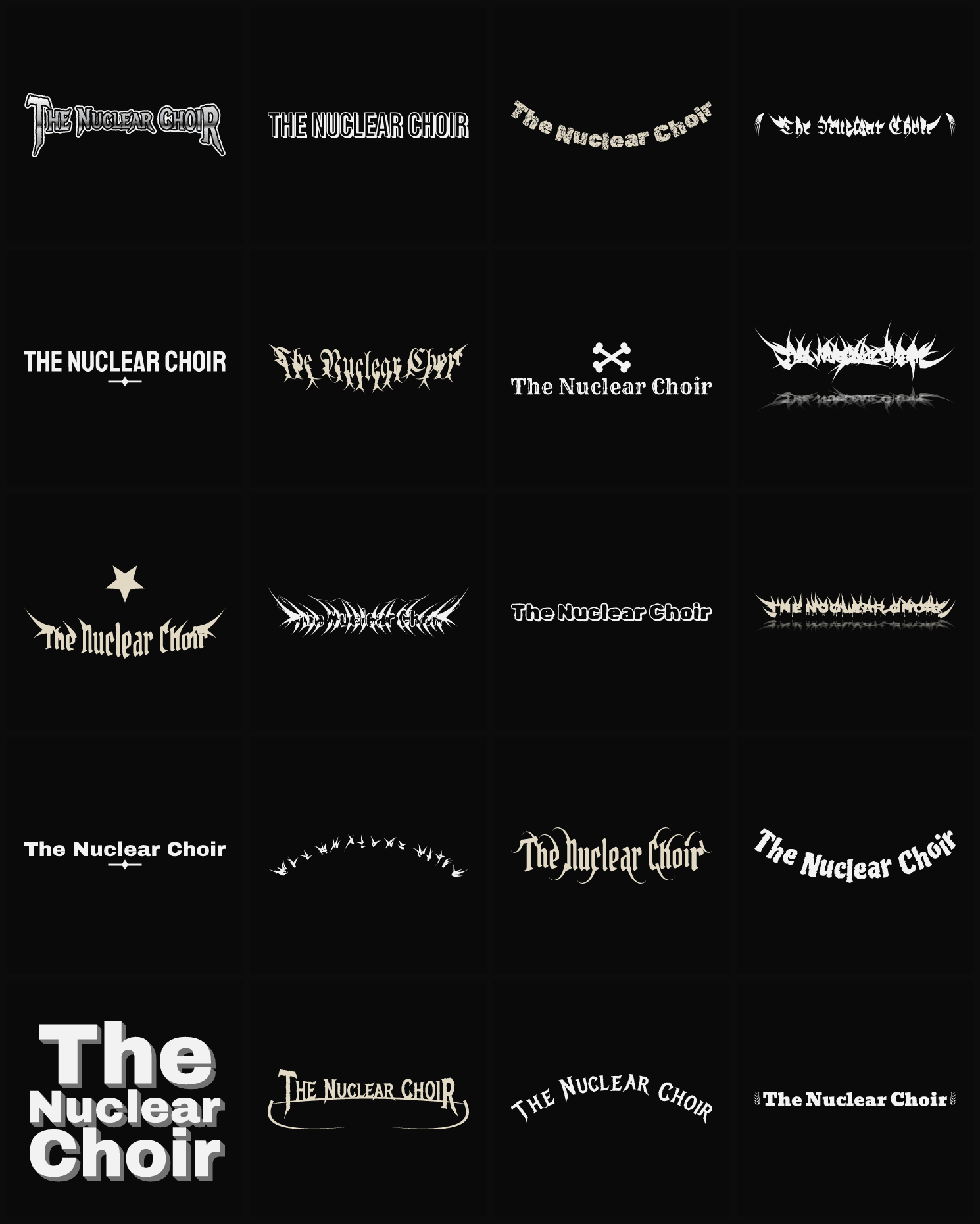 Twenty The Nuclear Choir band logo ideas — different faces, treatments and spike settings