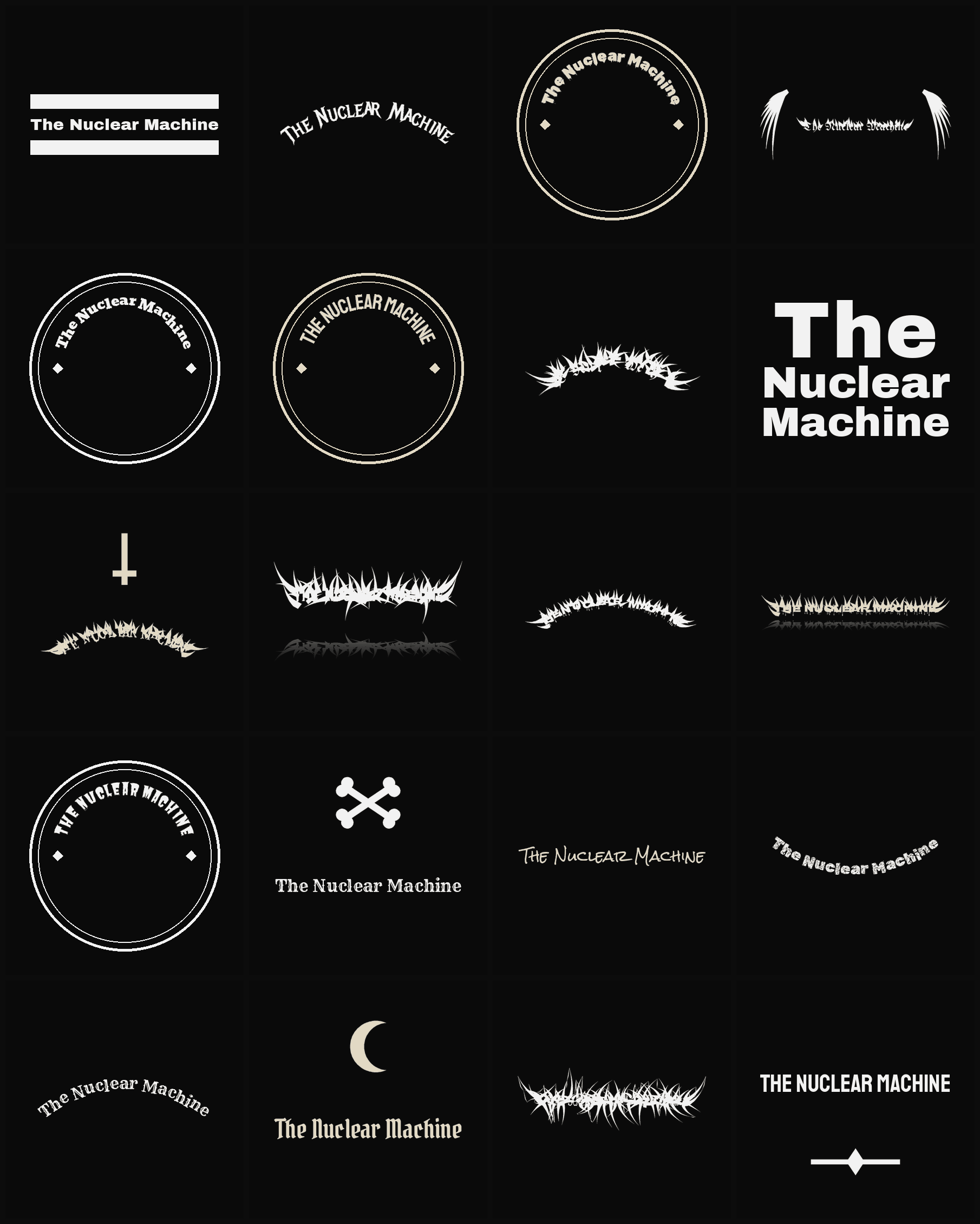 Twenty The Nuclear Machine band logo ideas — different faces, treatments and spike settings