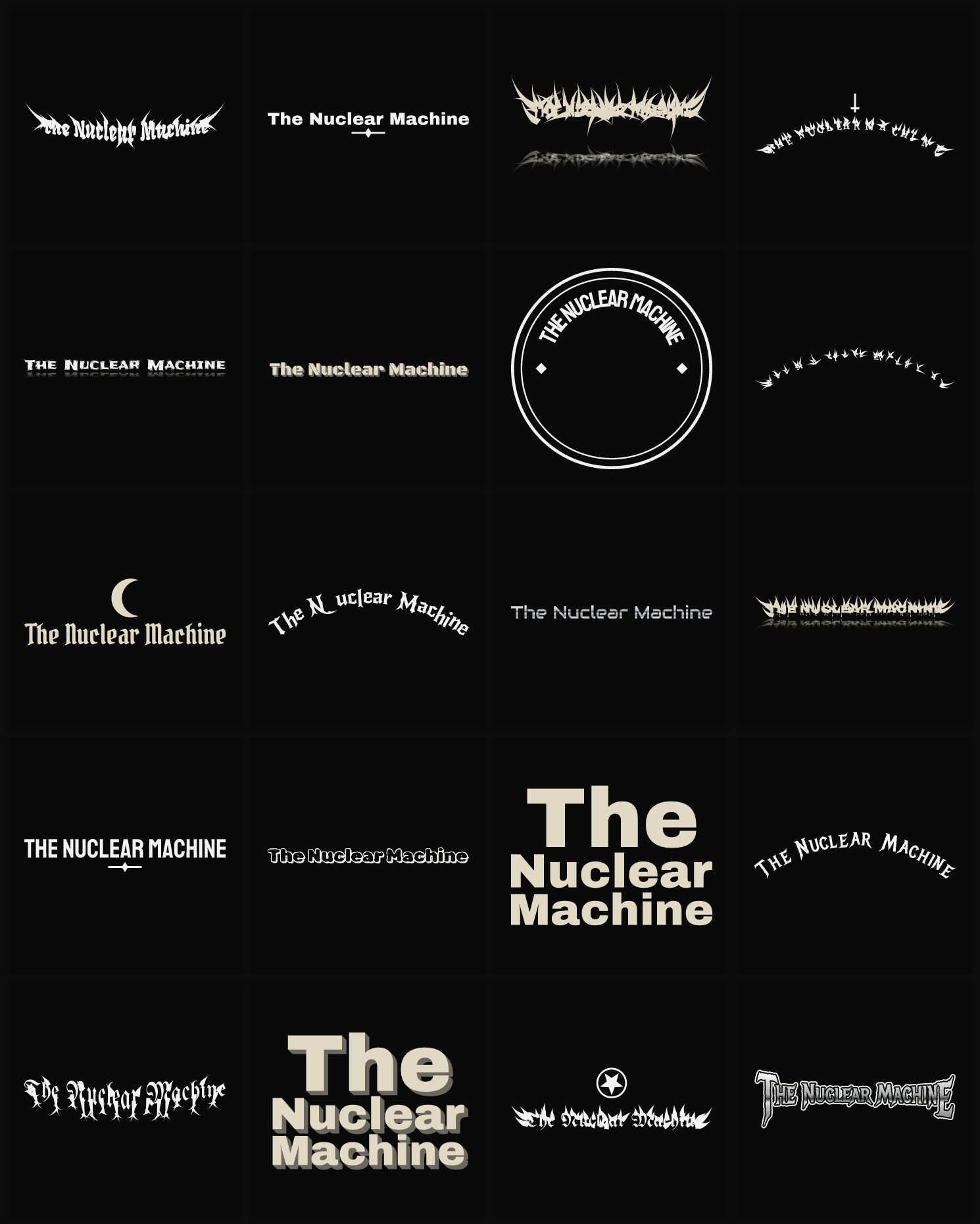 Twenty The Nuclear Machine band logo ideas — different faces, treatments and spike settings