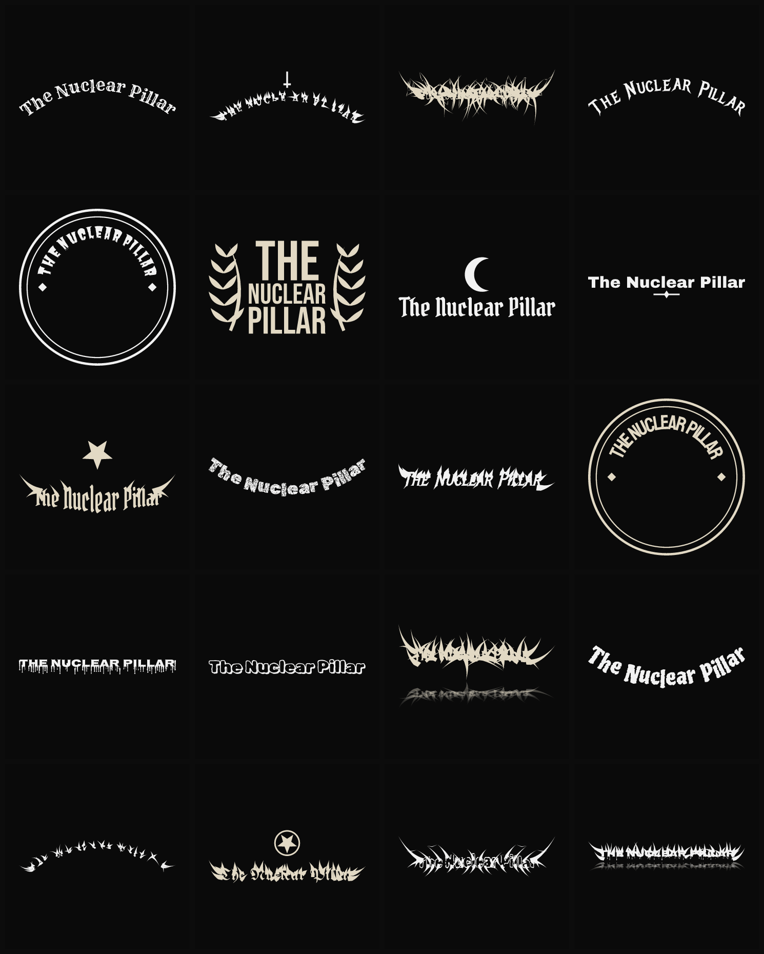 Twenty The Nuclear Pillar band logo ideas — different faces, treatments and spike settings