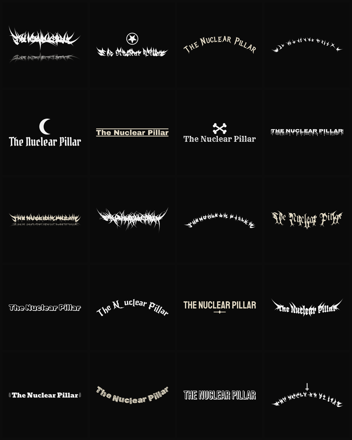 Twenty The Nuclear Pillar band logo ideas — different faces, treatments and spike settings