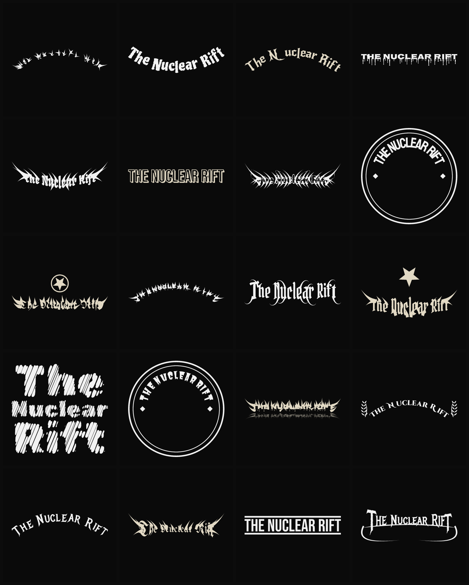 Twenty The Nuclear Rift band logo ideas — different faces, treatments and spike settings