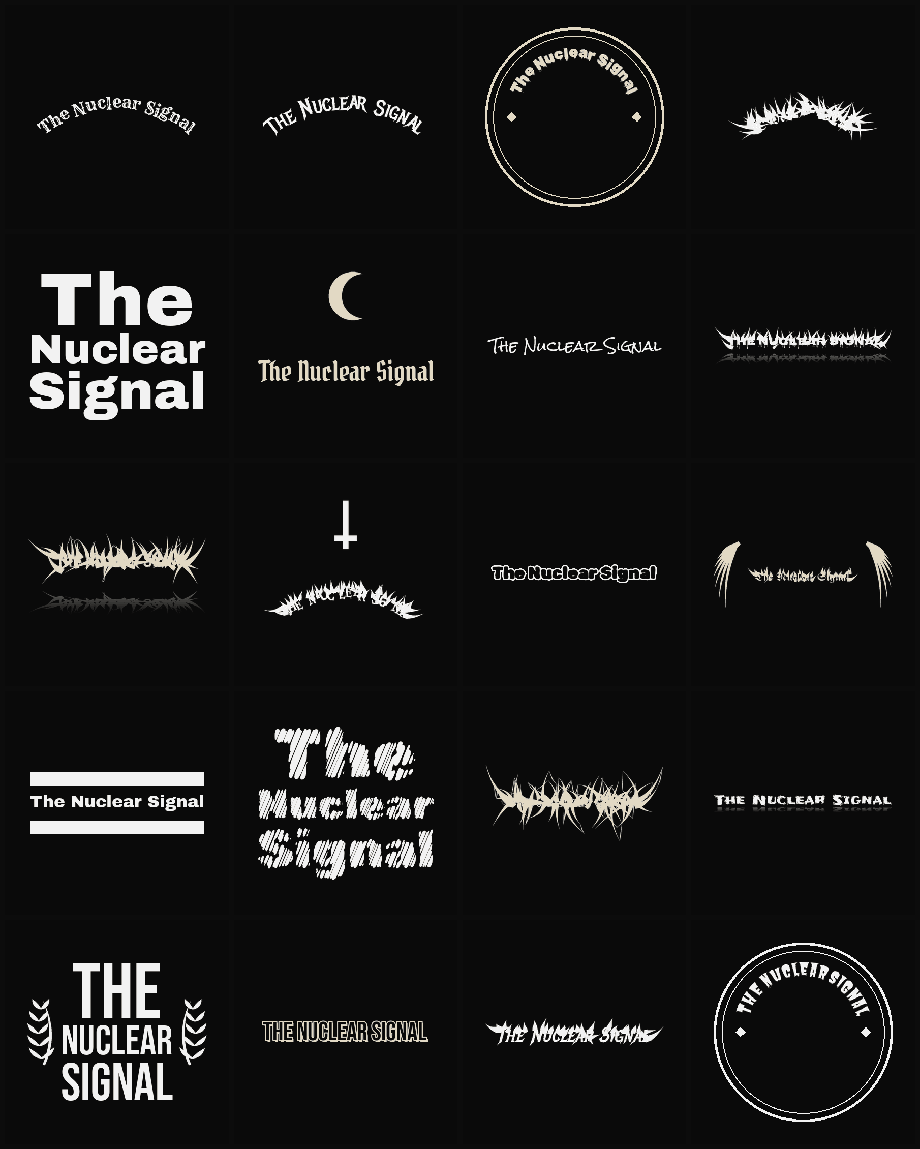Twenty The Nuclear Signal band logo ideas — different faces, treatments and spike settings