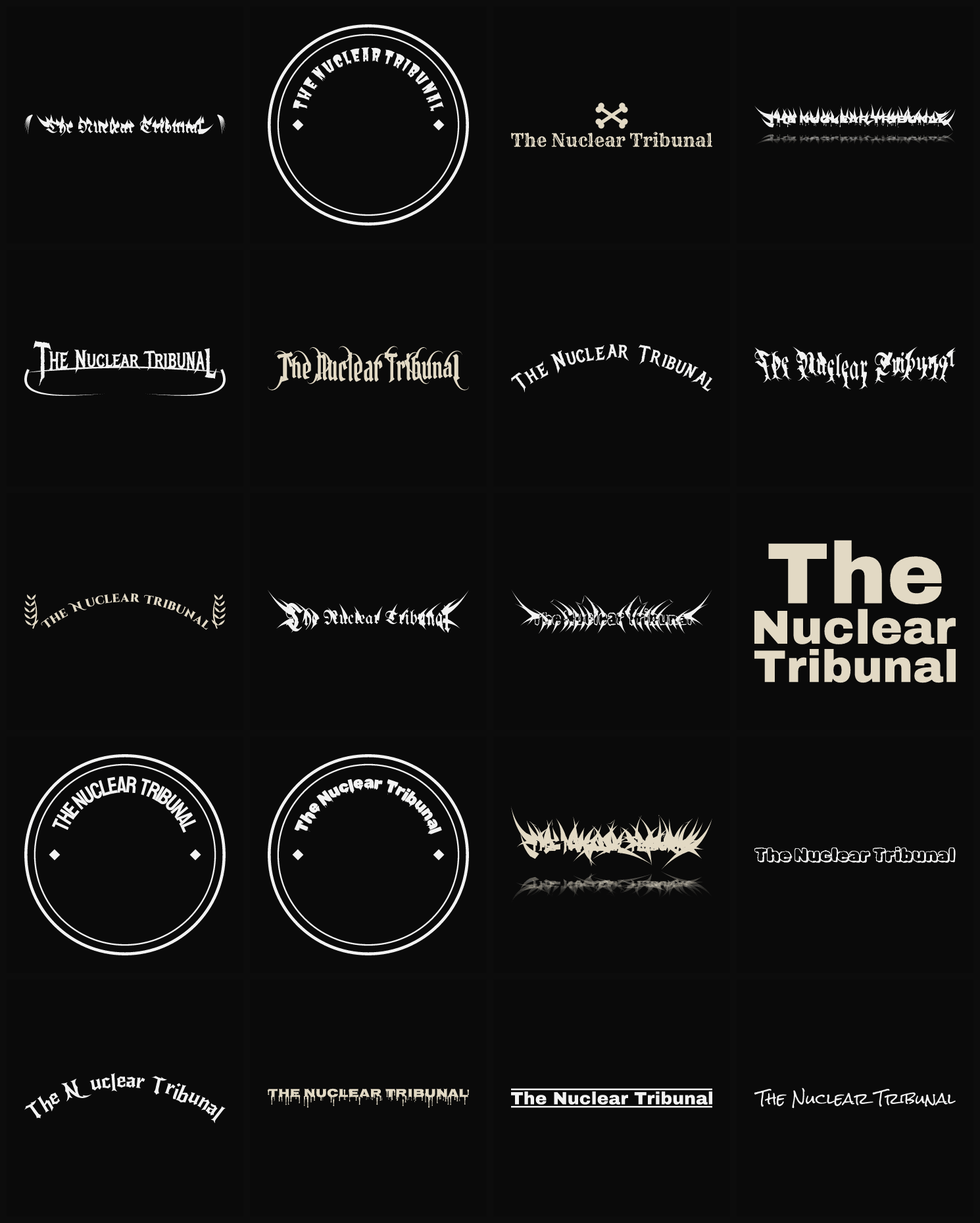 Twenty The Nuclear Tribunal band logo ideas — different faces, treatments and spike settings