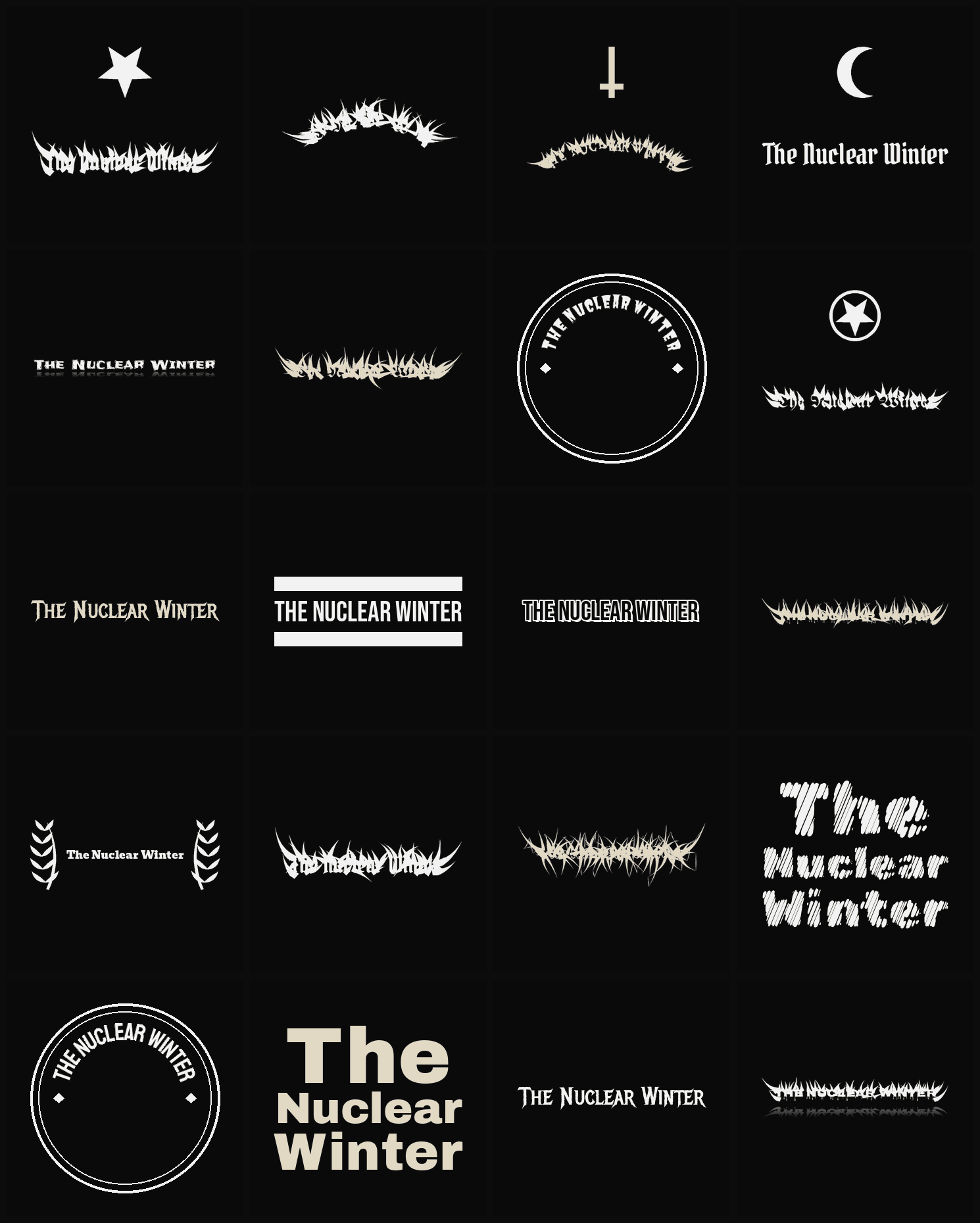 Twenty The Nuclear Winter band logo ideas — different faces, treatments and spike settings