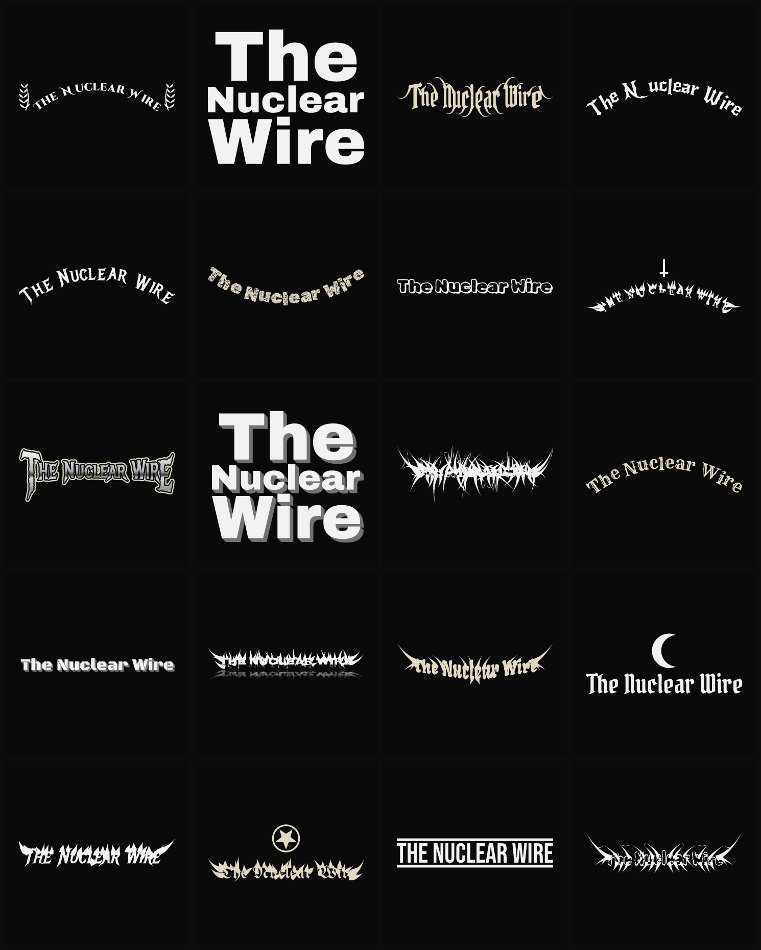 Twenty The Nuclear Wire band logo ideas — different faces, treatments and spike settings