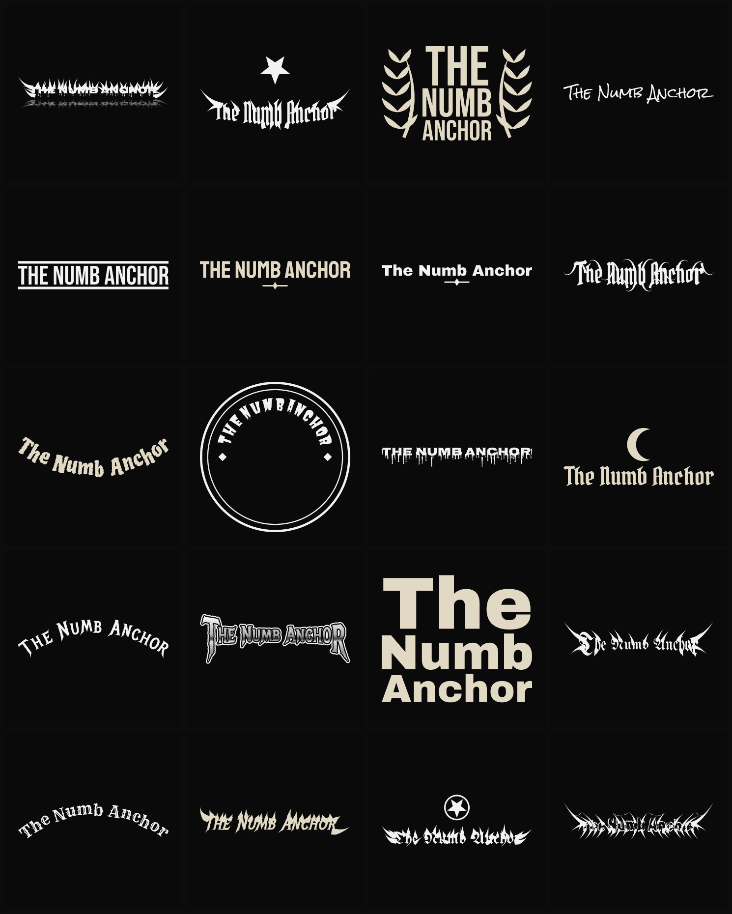 Twenty The Numb Anchor band logo ideas — different faces, treatments and spike settings
