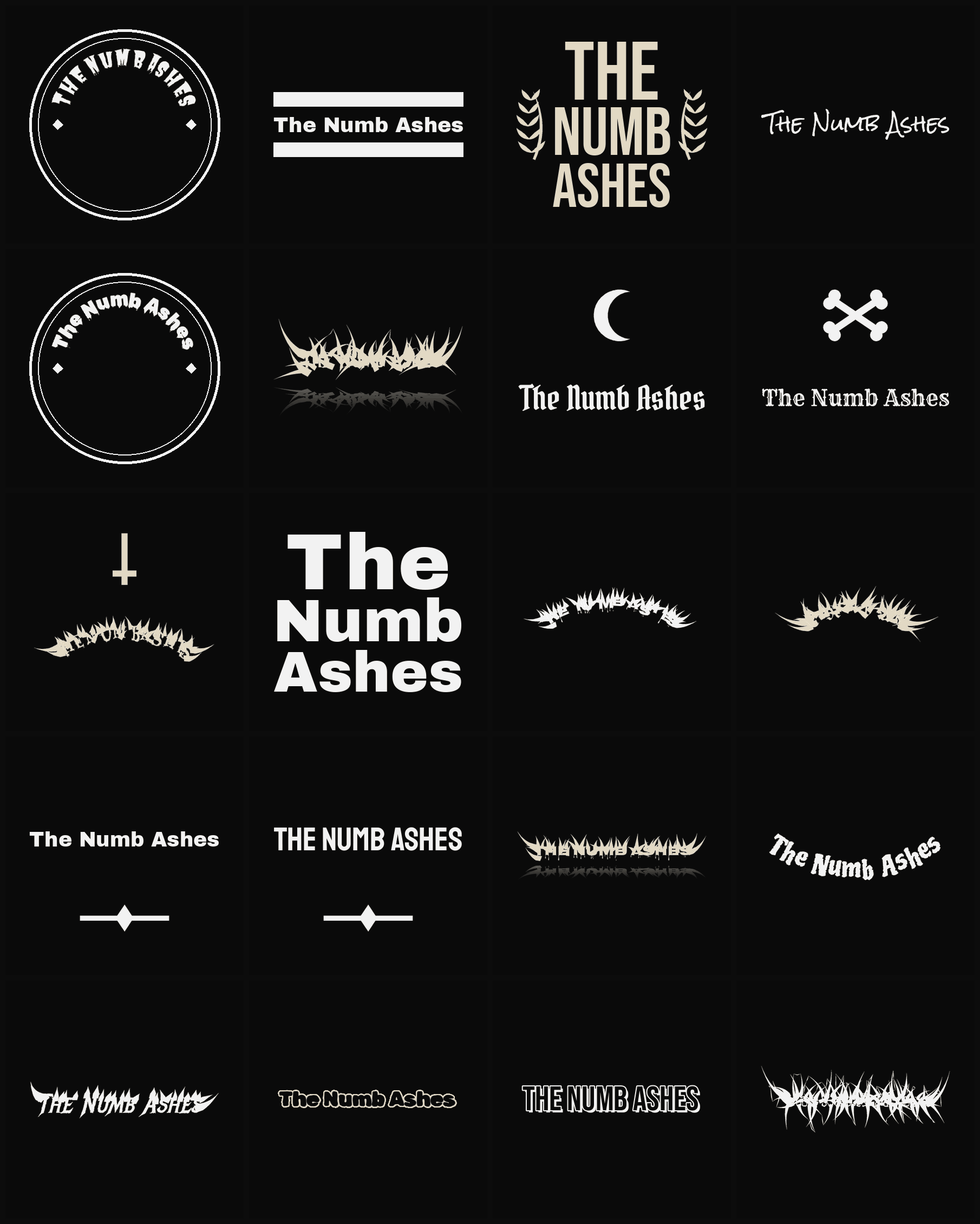 Twenty The Numb Ashes band logo ideas — different faces, treatments and spike settings