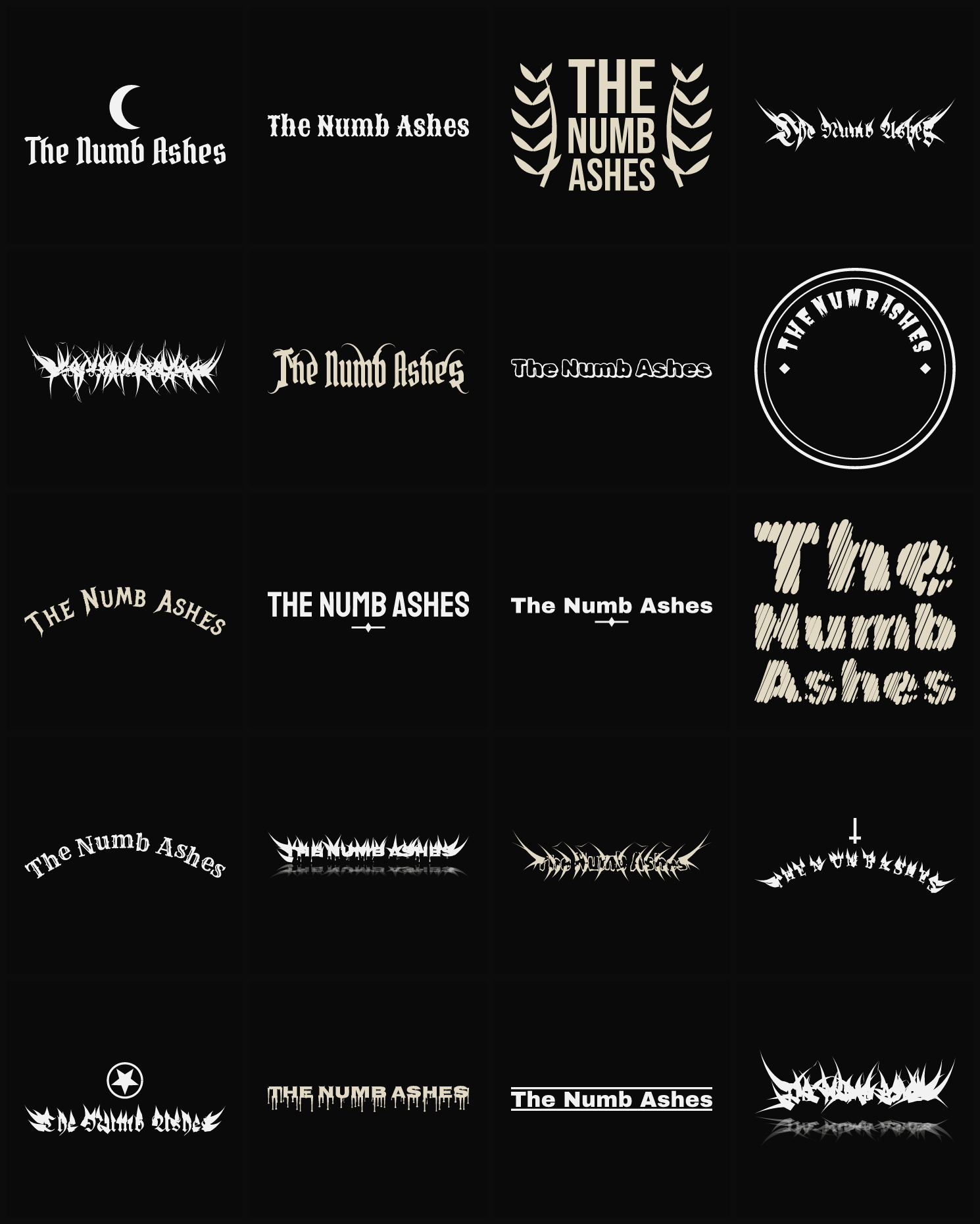 Twenty The Numb Ashes band logo ideas — different faces, treatments and spike settings