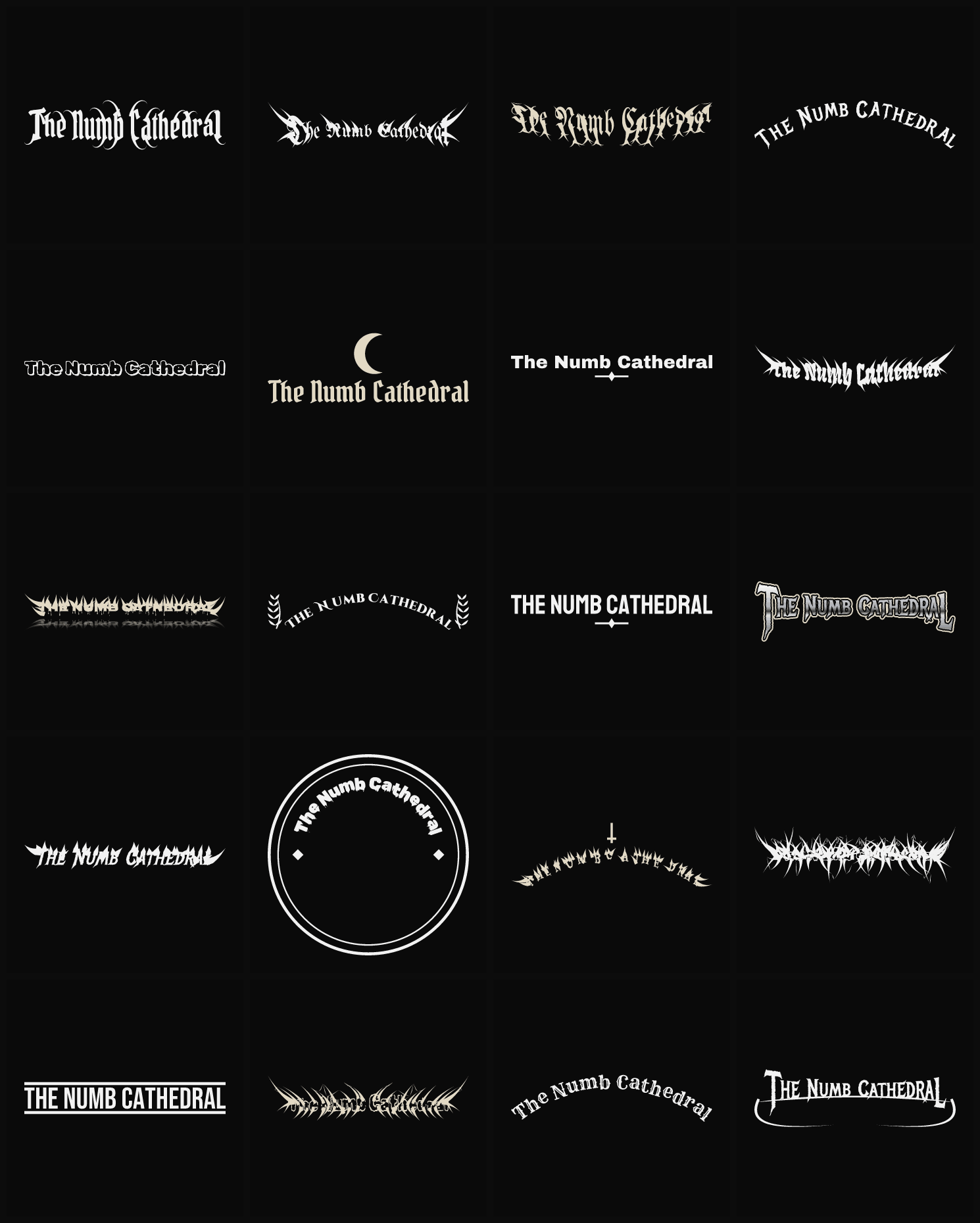 Twenty The Numb Cathedral band logo ideas — different faces, treatments and spike settings