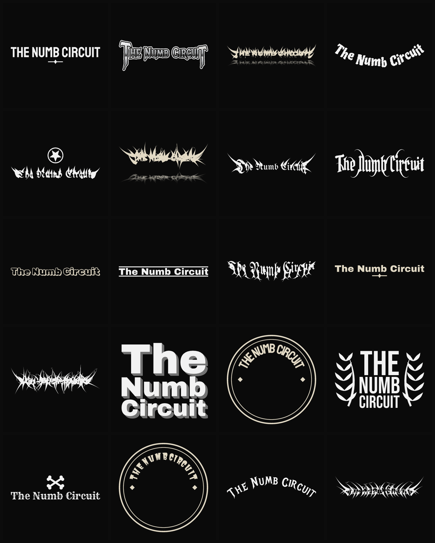 Twenty The Numb Circuit band logo ideas — different faces, treatments and spike settings