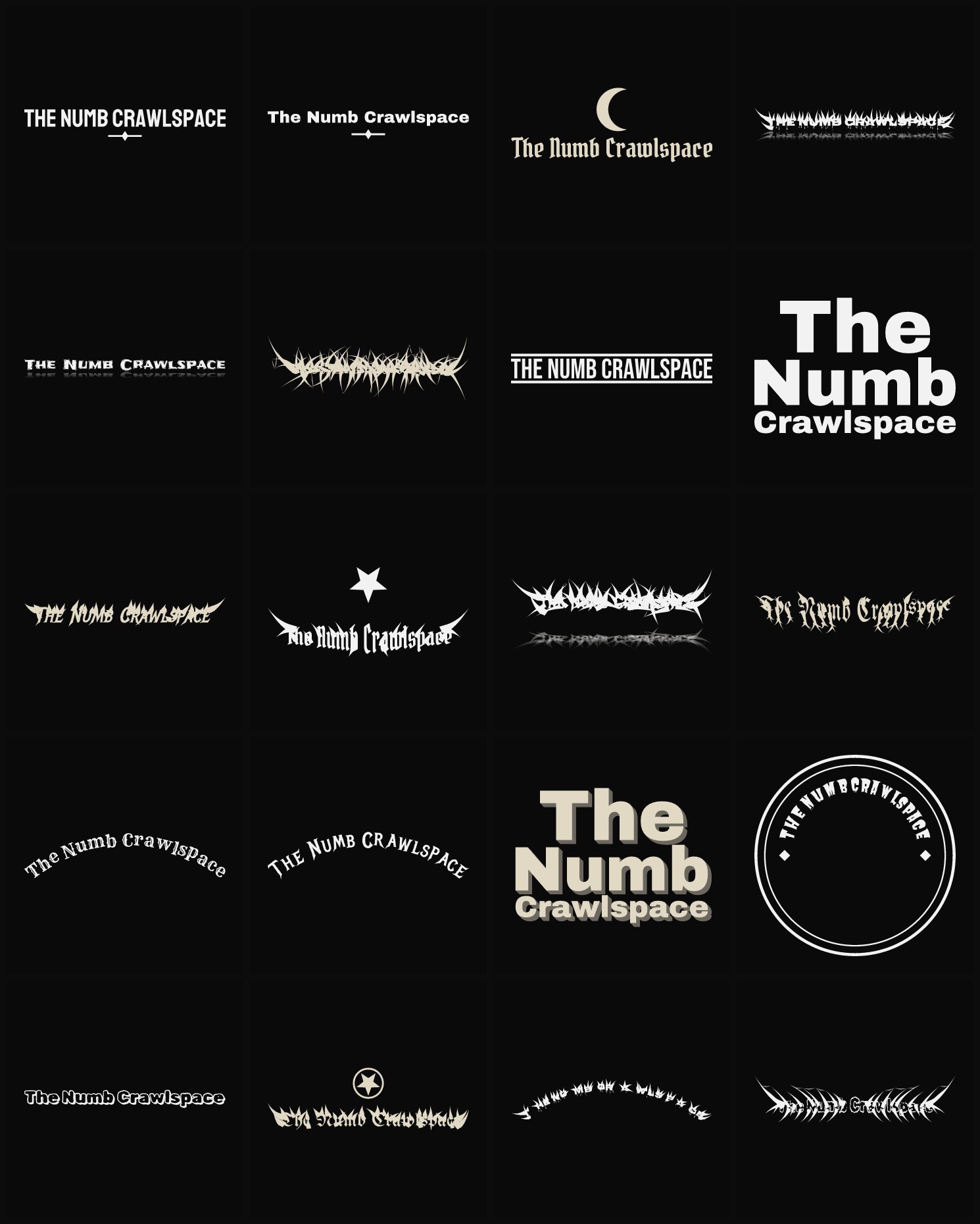 Twenty The Numb Crawlspace band logo ideas — different faces, treatments and spike settings