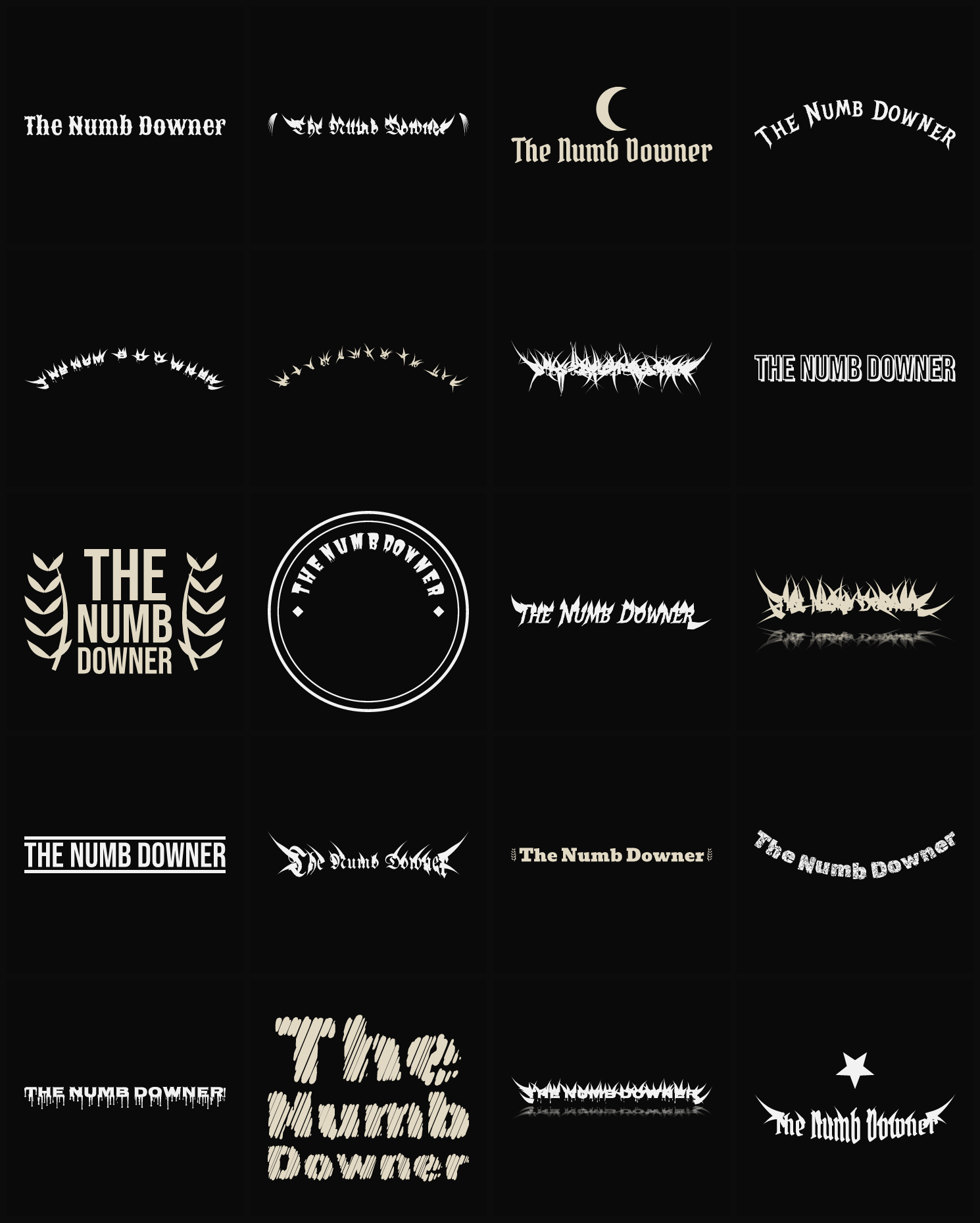 Twenty The Numb Downer band logo ideas — different faces, treatments and spike settings
