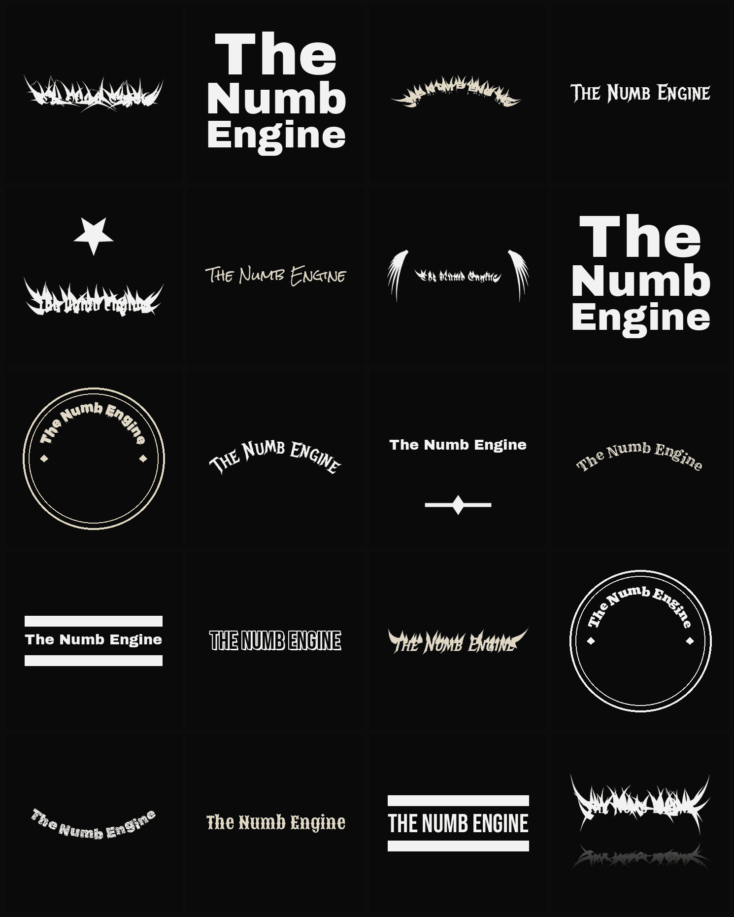 Twenty The Numb Engine band logo ideas — different faces, treatments and spike settings