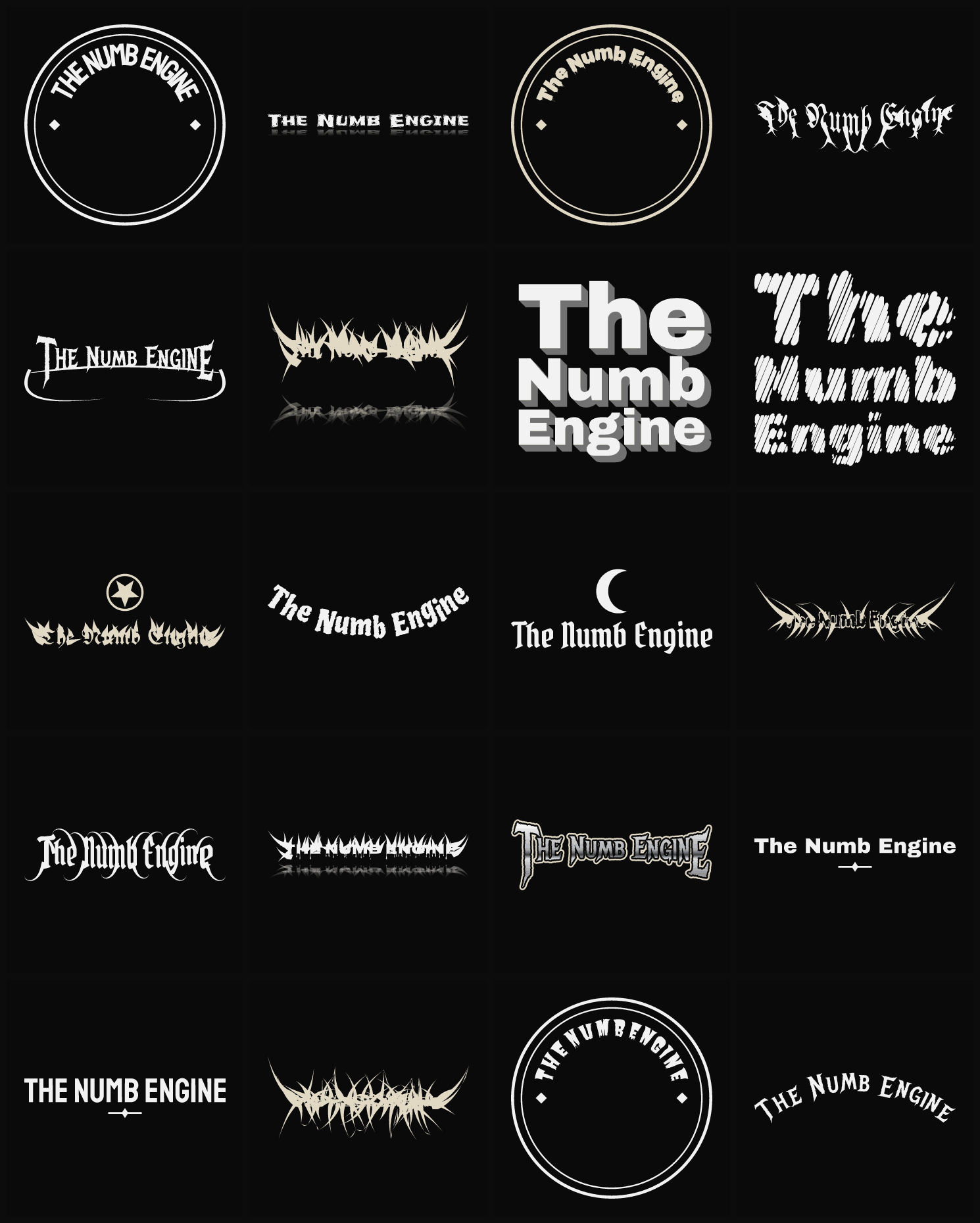 Twenty The Numb Engine band logo ideas — different faces, treatments and spike settings