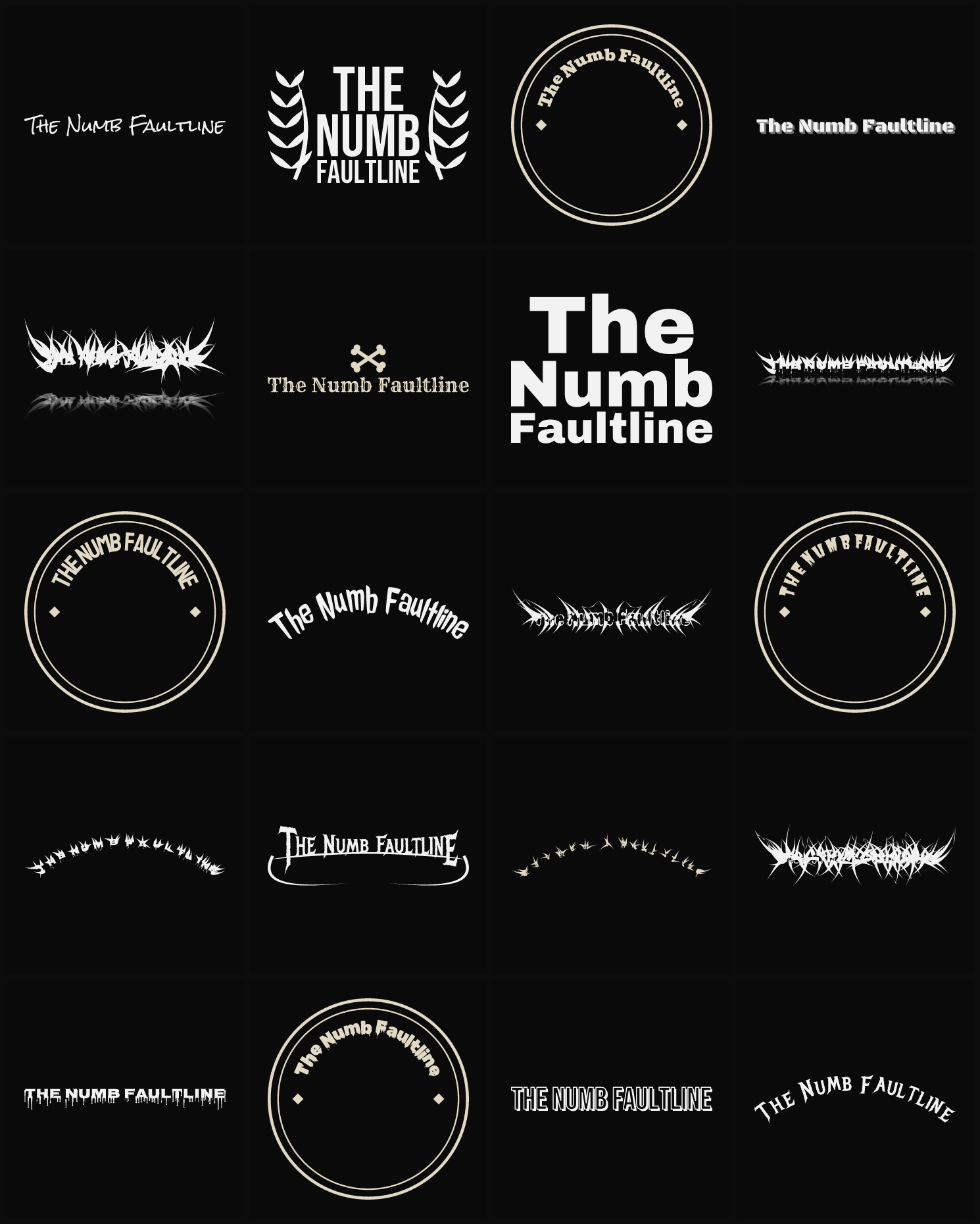 Twenty The Numb Faultline band logo ideas — different faces, treatments and spike settings
