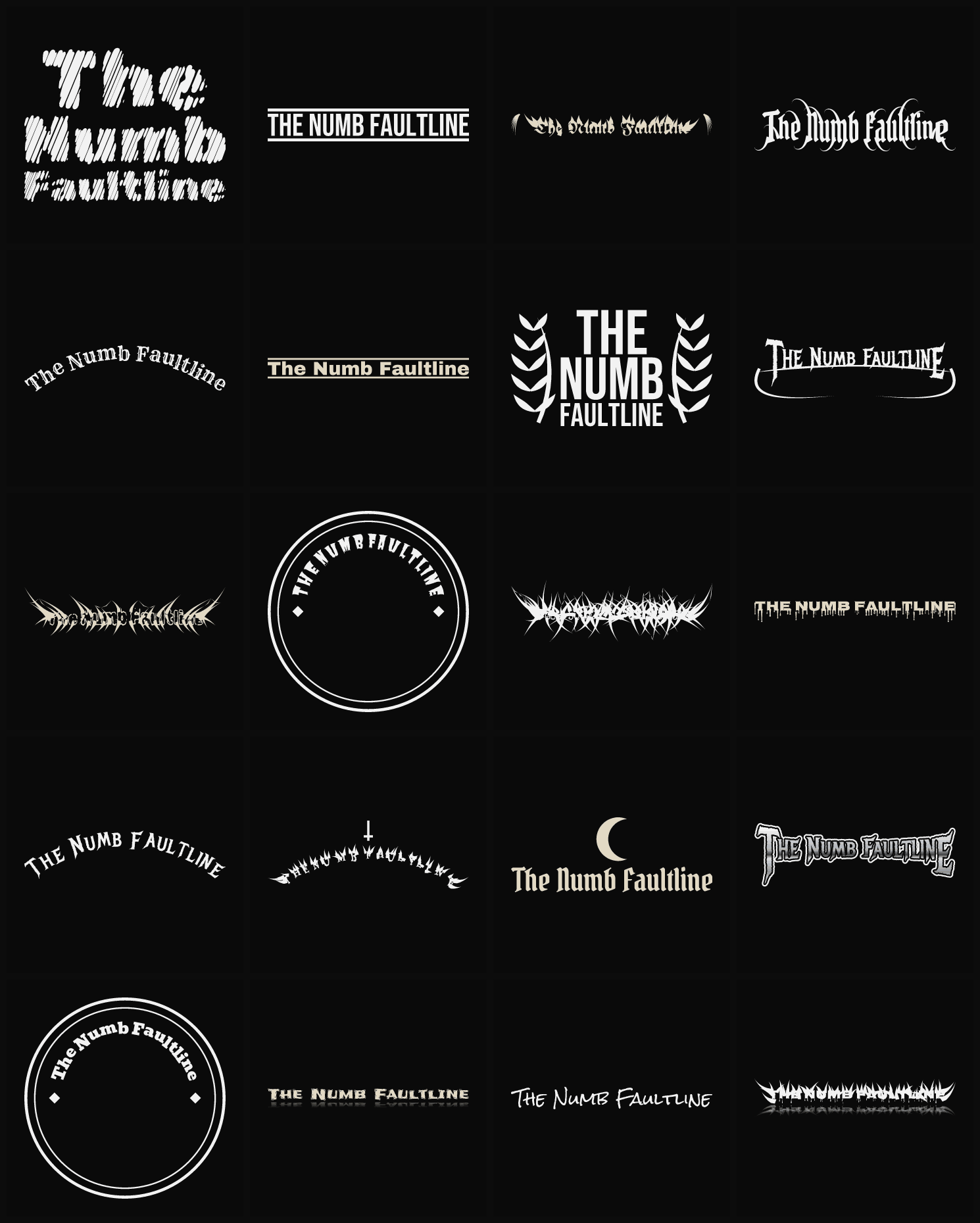 Twenty The Numb Faultline band logo ideas — different faces, treatments and spike settings