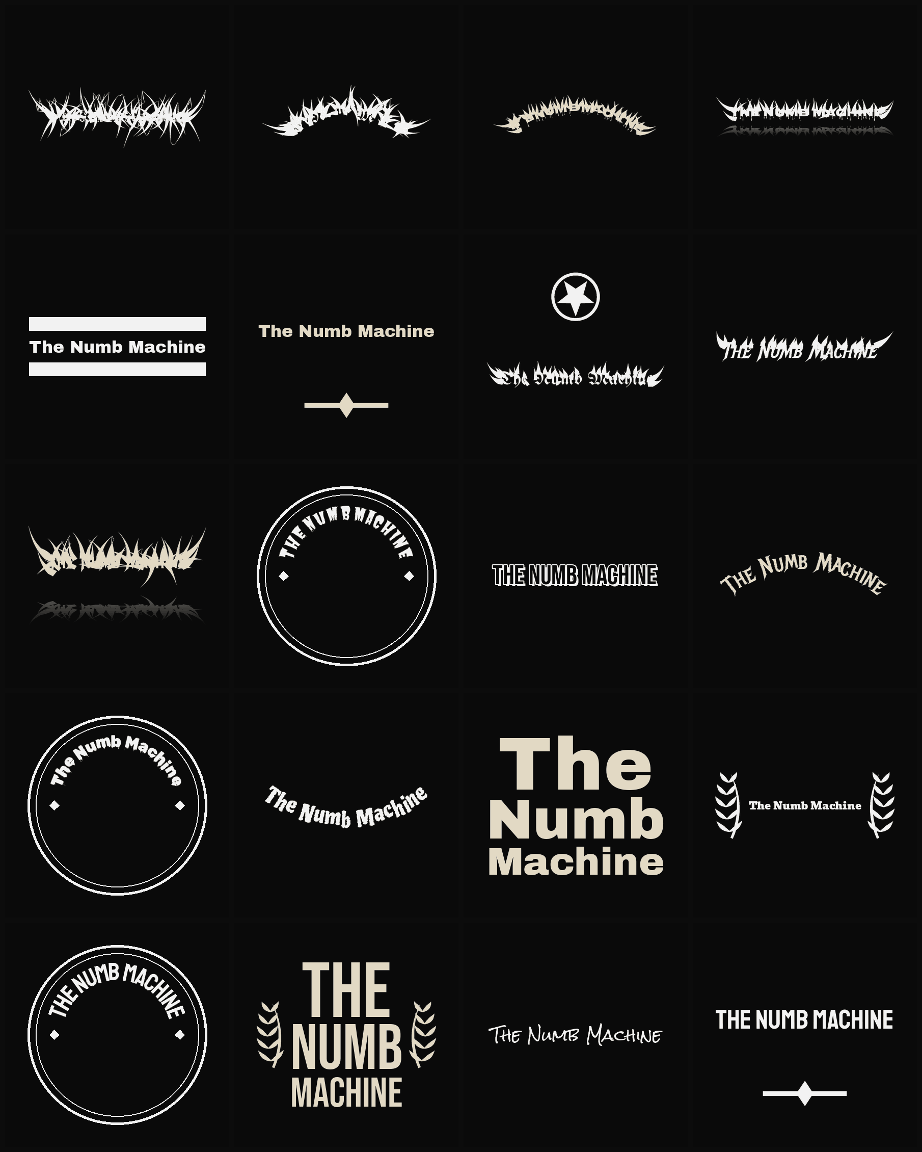 Twenty The Numb Machine band logo ideas — different faces, treatments and spike settings