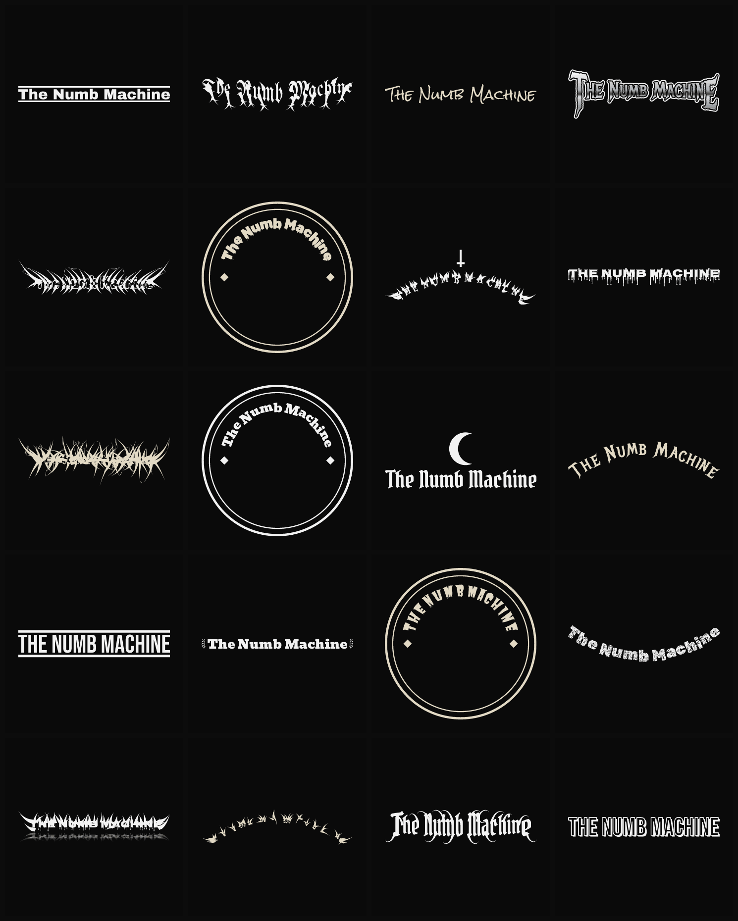 Twenty The Numb Machine band logo ideas — different faces, treatments and spike settings