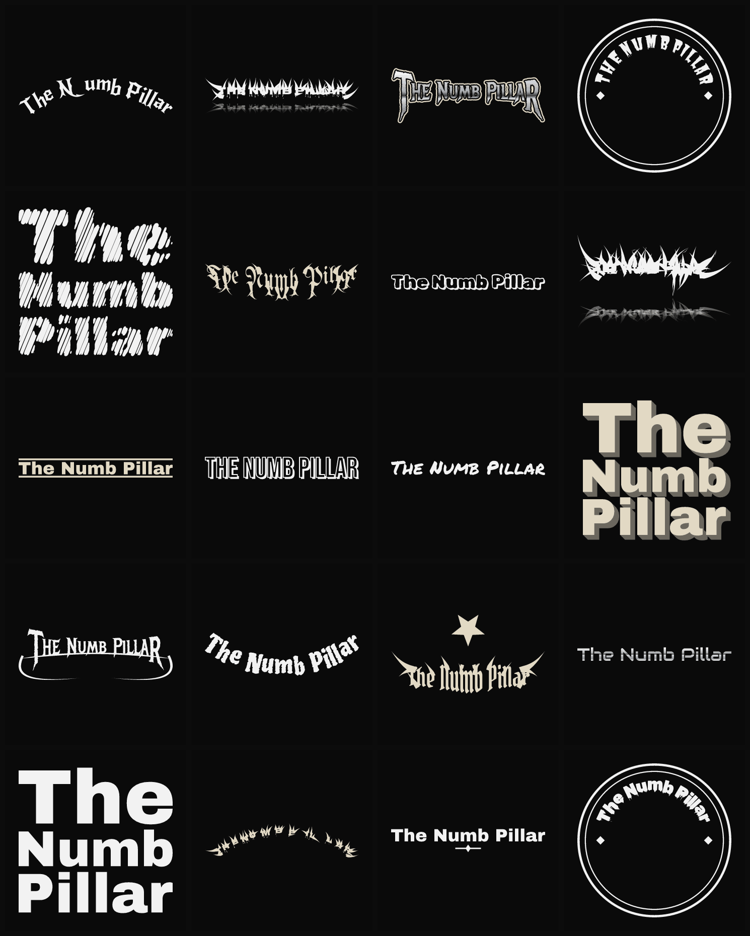 Twenty The Numb Pillar band logo ideas — different faces, treatments and spike settings