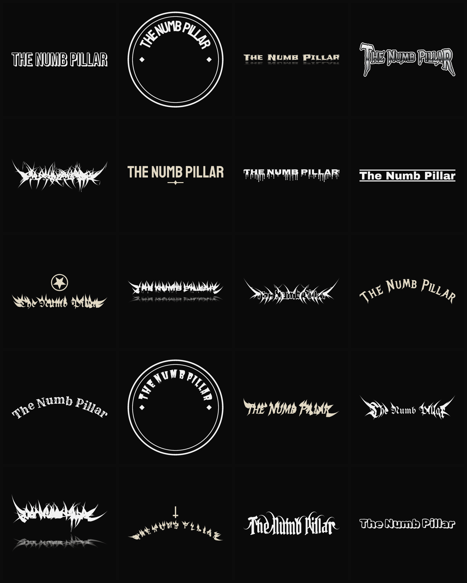 Twenty The Numb Pillar band logo ideas — different faces, treatments and spike settings
