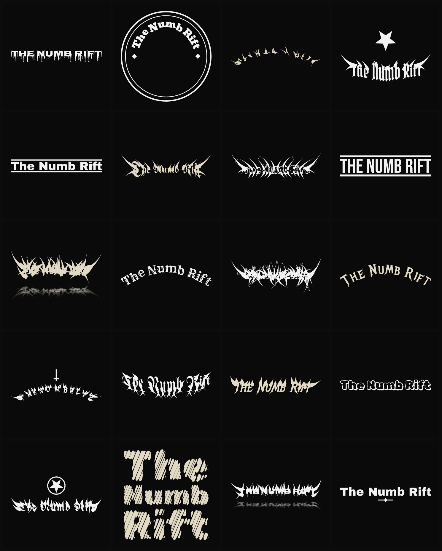 Twenty The Numb Rift band logo ideas — different faces, treatments and spike settings