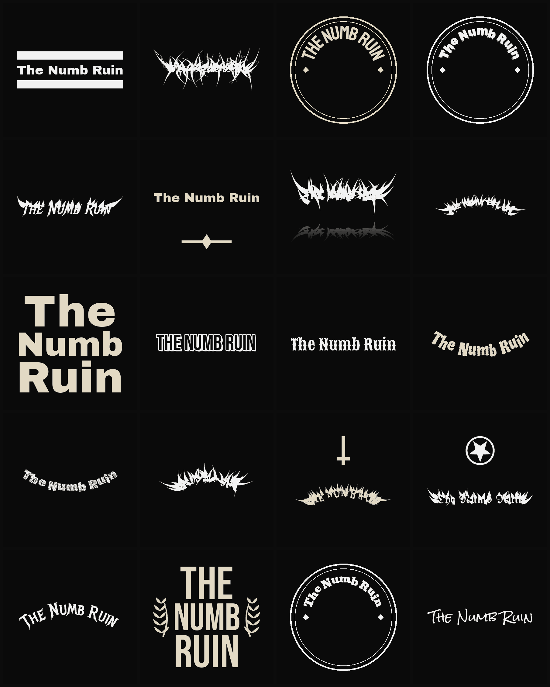 Twenty The Numb Ruin band logo ideas — different faces, treatments and spike settings