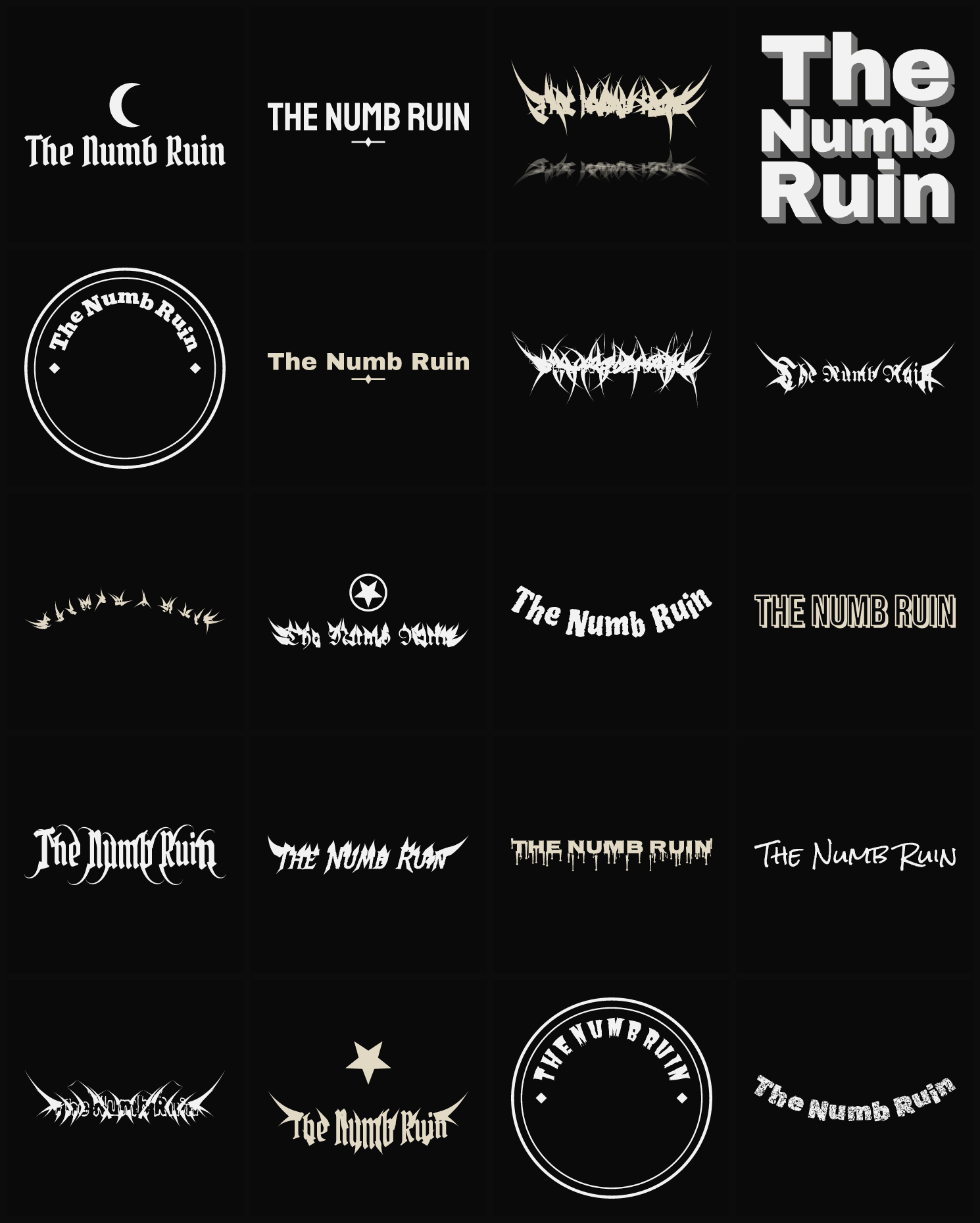 Twenty The Numb Ruin band logo ideas — different faces, treatments and spike settings