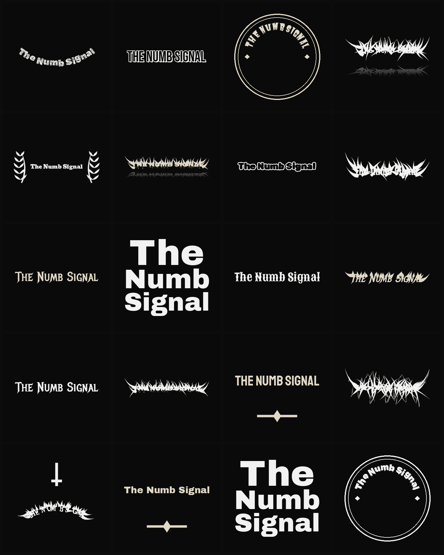 Twenty The Numb Signal band logo ideas — different faces, treatments and spike settings
