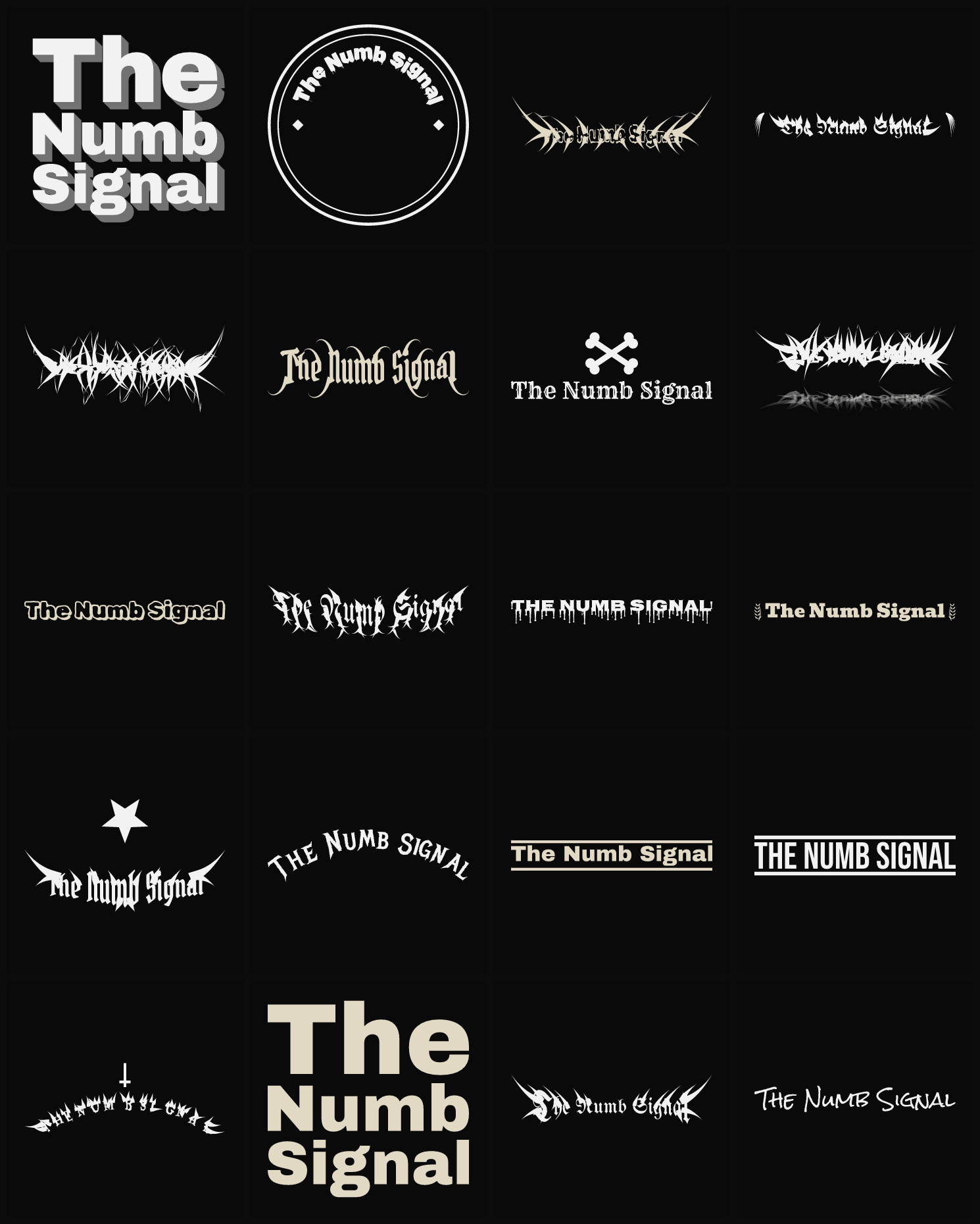 Twenty The Numb Signal band logo ideas — different faces, treatments and spike settings