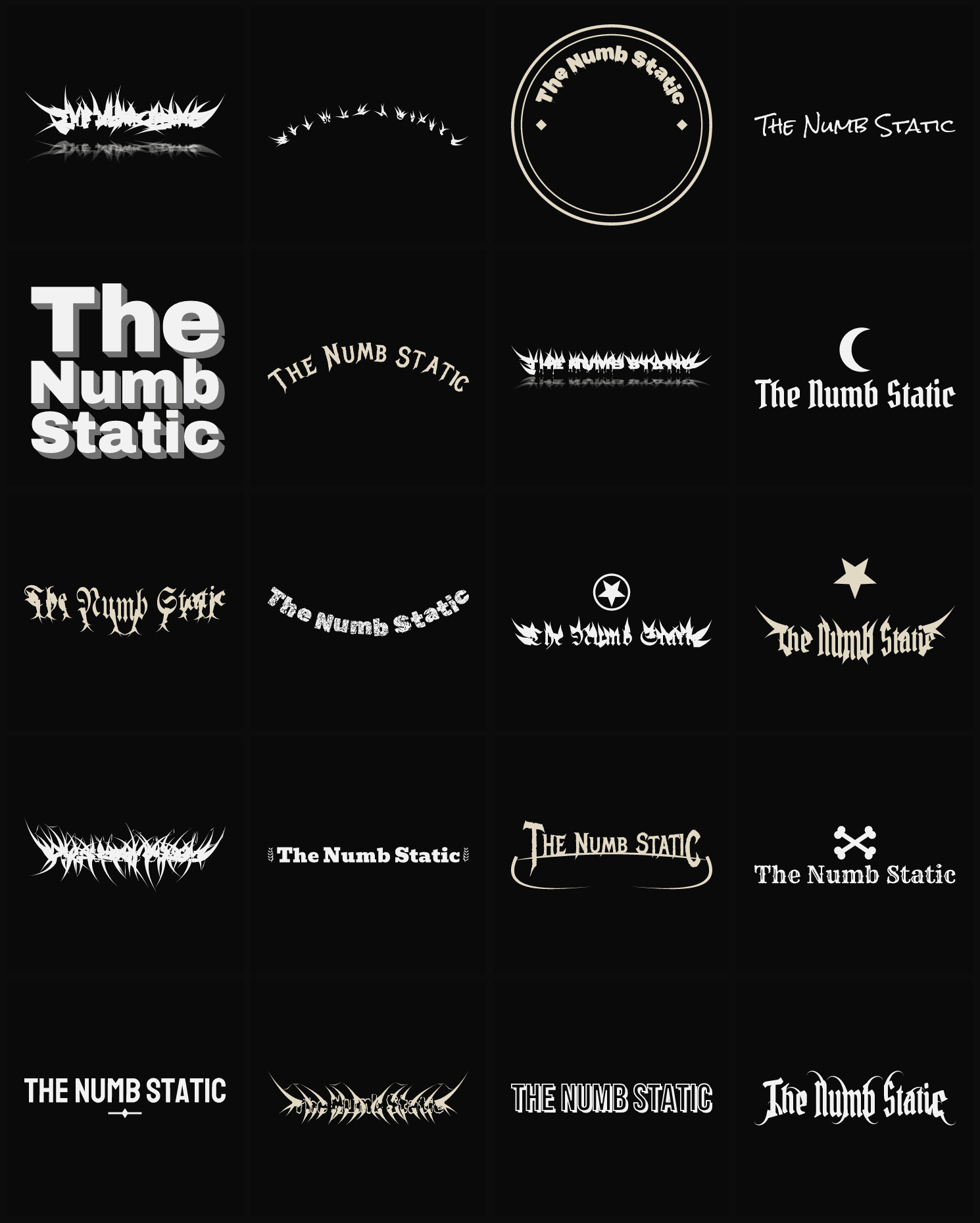 Twenty The Numb Static band logo ideas — different faces, treatments and spike settings