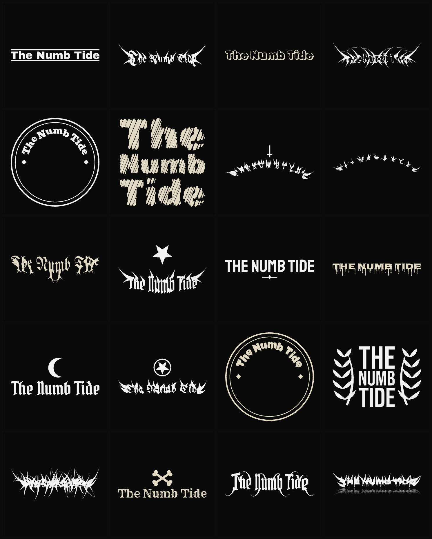 Twenty The Numb Tide band logo ideas — different faces, treatments and spike settings