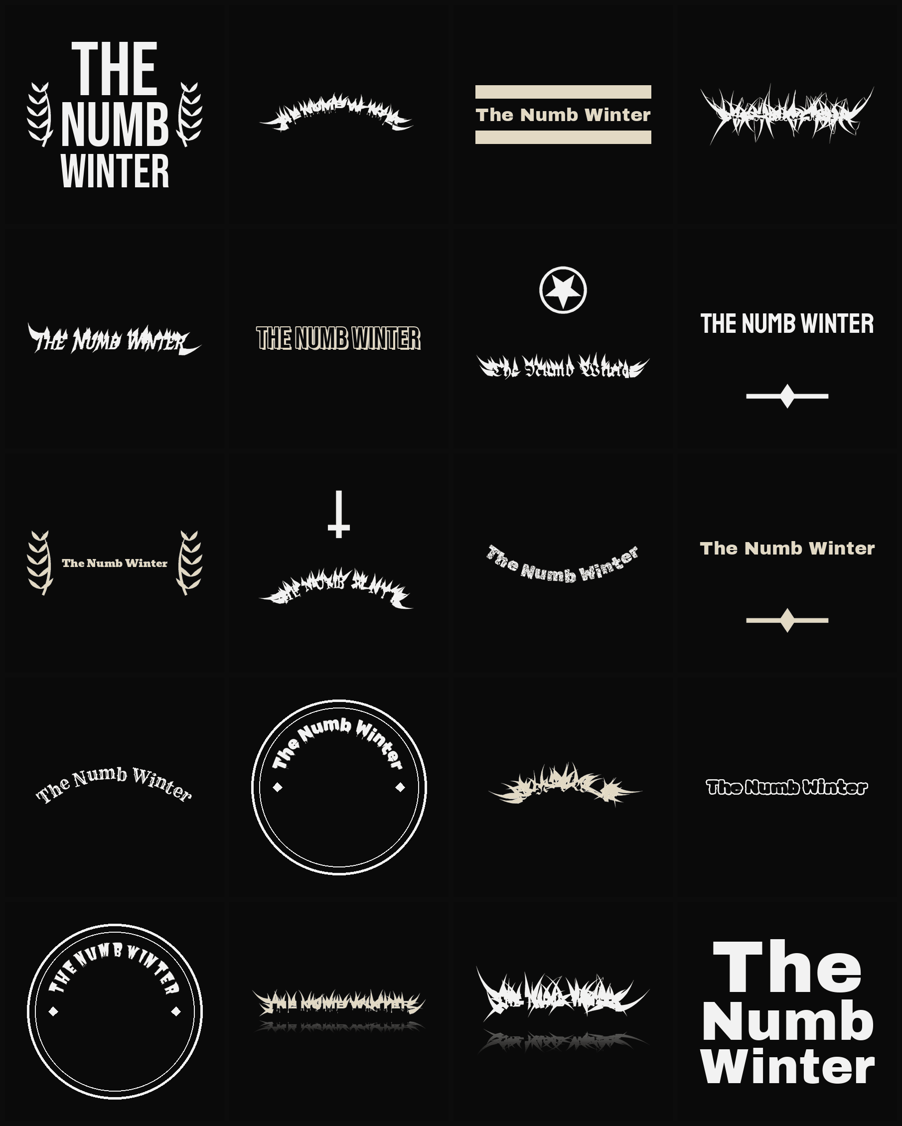 Twenty The Numb Winter band logo ideas — different faces, treatments and spike settings