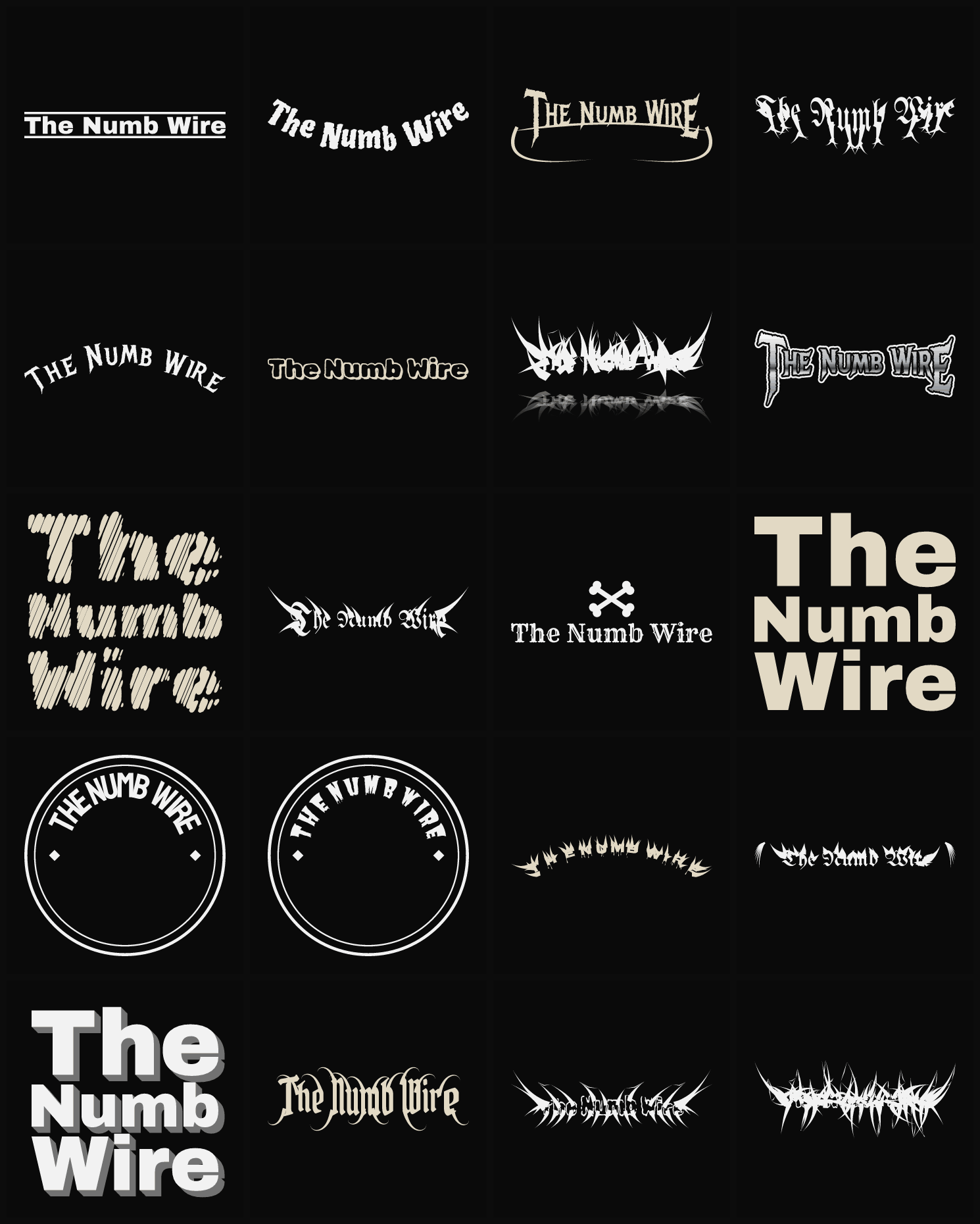 Twenty The Numb Wire band logo ideas — different faces, treatments and spike settings