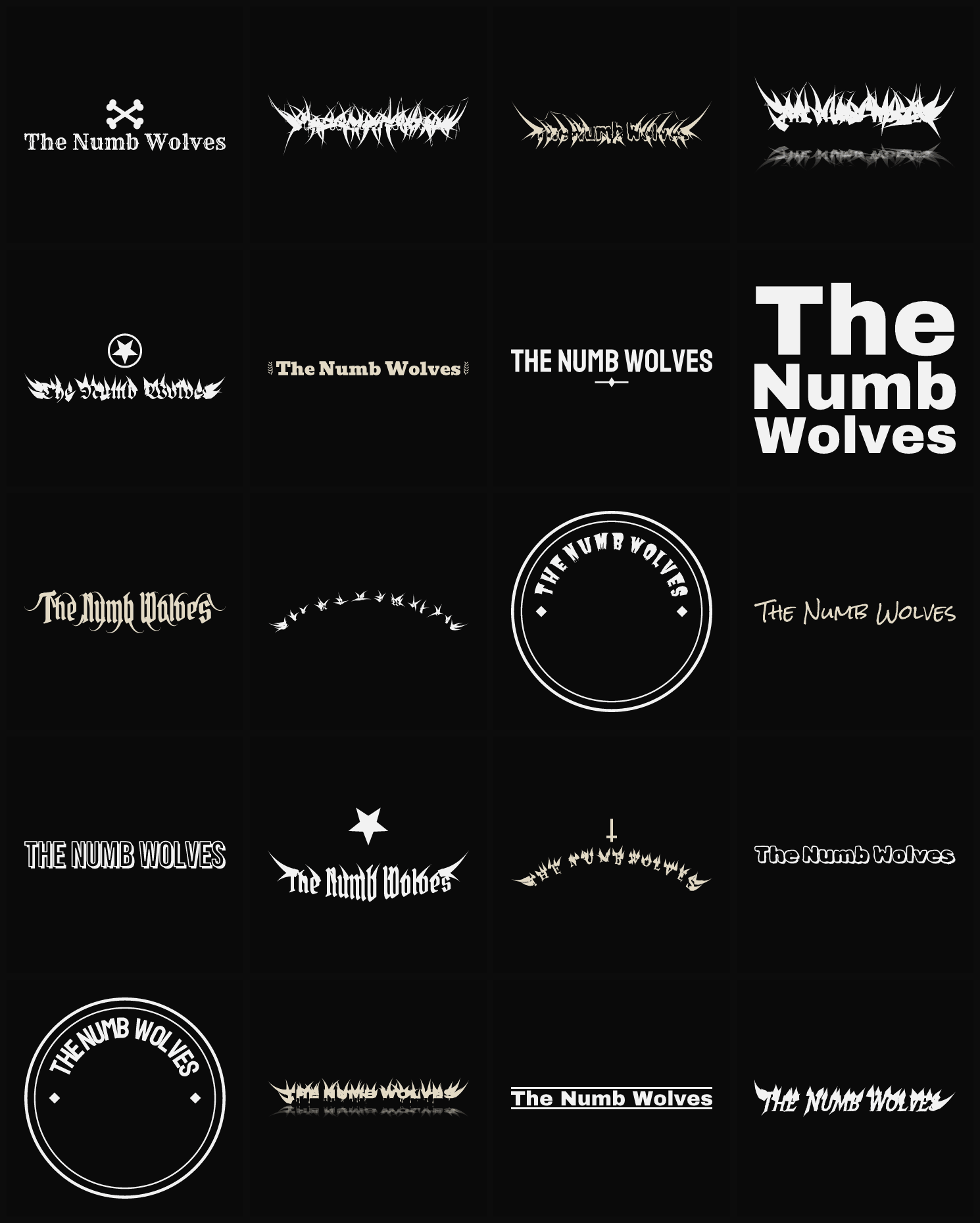 Twenty The Numb Wolves band logo ideas — different faces, treatments and spike settings
