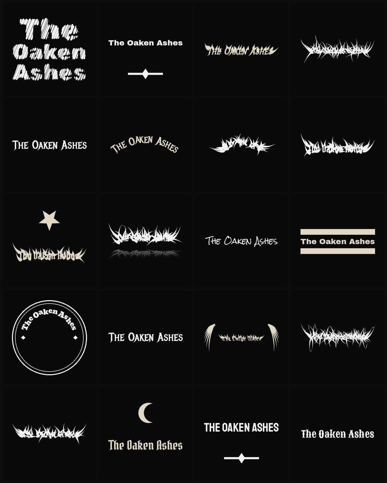 Twenty The Oaken Ashes band logo ideas — different faces, treatments and spike settings