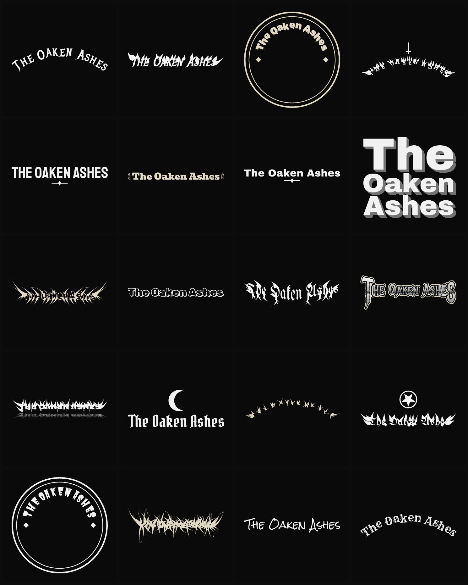 Twenty The Oaken Ashes band logo ideas — different faces, treatments and spike settings