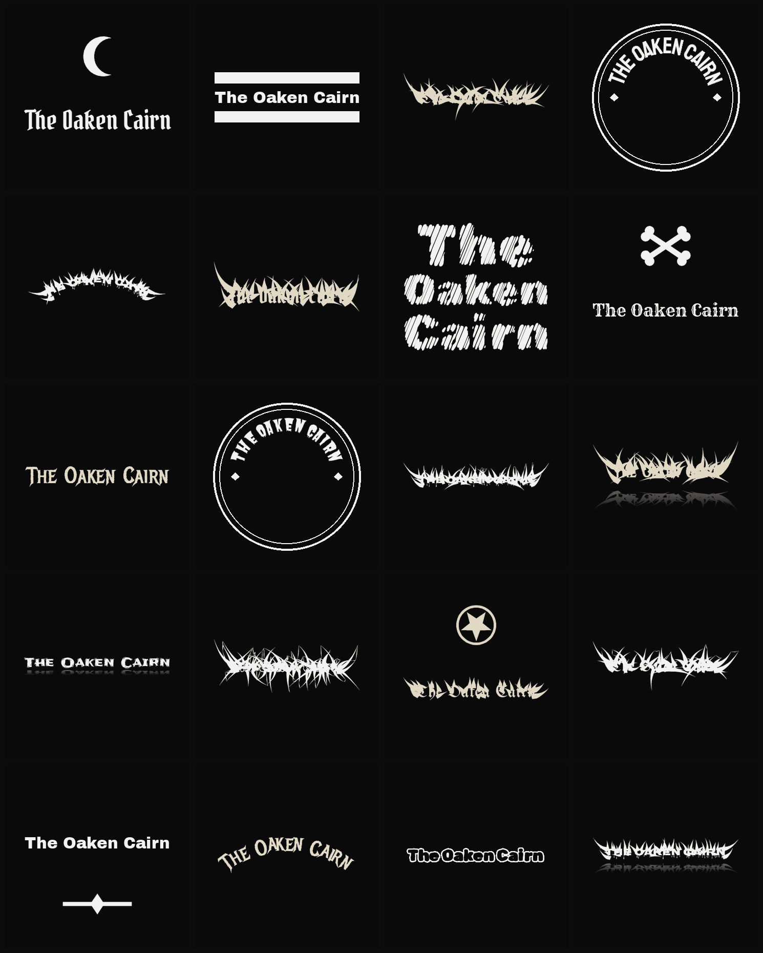 Twenty The Oaken Cairn band logo ideas — different faces, treatments and spike settings